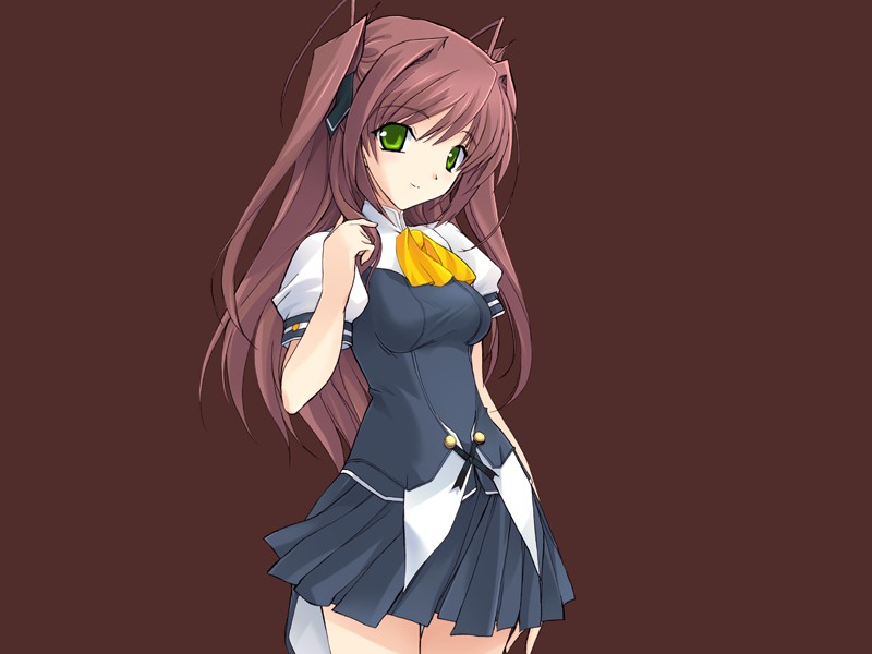 onigirikun, rindou rinna, pastel chime, pastel chime continue, game cg, 1girl, adjusting hair, ahoge, blush, buttons, female focus, green eyes, hair between eyes, hair intakes, hair ribbon, long hair, looking at viewer, miniskirt, pink hair, pleated skirt, red background, ribbon, school uniform, shirt, sidelocks, simple background, skirt, smile, solo, standing, taut clothes, taut shirt, thigh gap, turtleneck, twintails, two side up