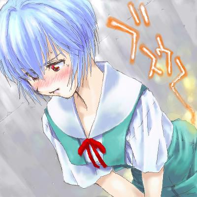 ayanami rei, neon genesis evangelion, lowres, non-web source, blue hair, blush, dutch angle, fart, oekaki, red eyes, school uniform, short hair, smell, solo, sweat
