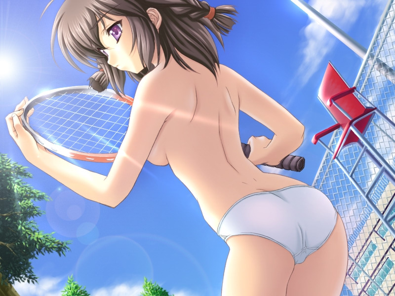 ashishun, nakane miho, kegasareta natsu, kegasareta natsu jyuppon no te de naburareta shoujo, kleins (company), game cg, 1girl, braid, cloud, day, female focus, lens flare, no bra, panties, racket, solo, tennis, tennis racket, topless female, twin braids, underwear