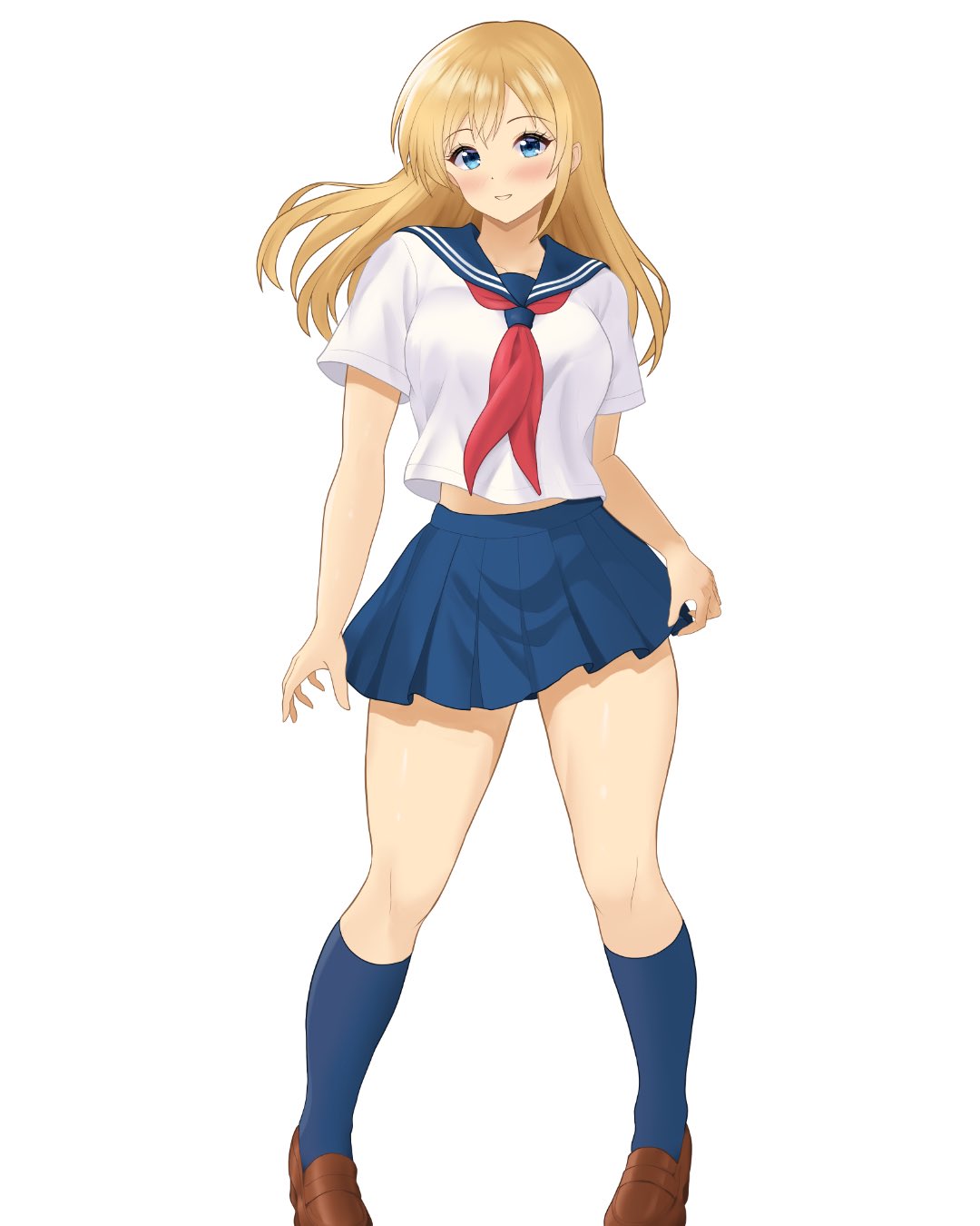 original, commentary, highres, 1girl, blonde hair, blue eyes, blue sailor collar, blue socks, brown shoes, loafers, long hair, looking at viewer, ma n chan, midriff peek, neckerchief, red neckerchief, sailor collar, school uniform, serafuku, shirt, shoes, simple background, socks, solo, white background, white shirt