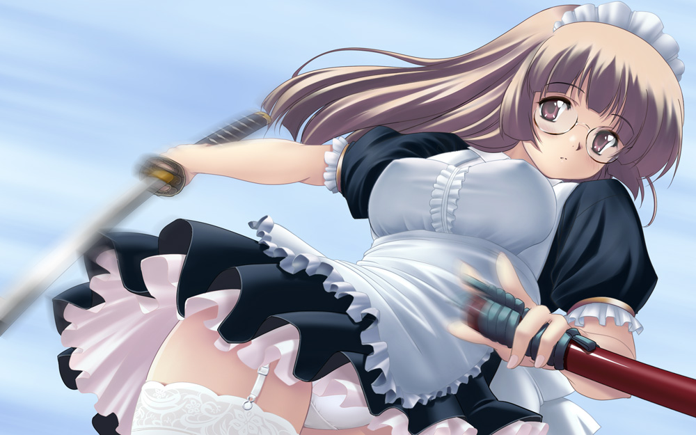 nishiyama maruta, original, apron, blush, breasts, brown eyes, brown hair, combat maid, covered erect nipples, frills, garter belt, glasses, hairband, large breasts, long hair, maid, maid apron, motion blur, panties, purple eyes, sheath, solo, sword, thighhighs, underwear, weapon, white panties, white thighhighs