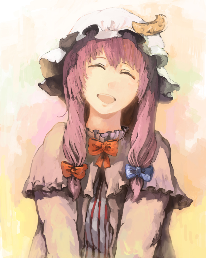 shoutarou (tibi2), patchouli knowledge, touhou, bad id, bad pixiv id, 1girl, ^ ^, bow, closed eyes, crescent, crescent hat ornament, female focus, hat, hat ornament, open mouth, ribbon, smile, solo, upper body