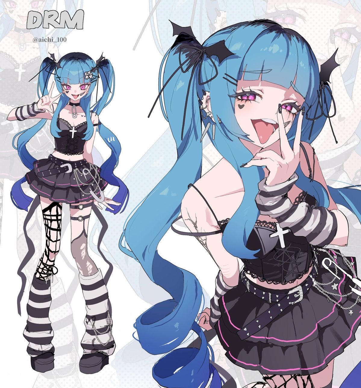 pakimoti, amemiya darumi, the hundred line -last defense academy-, commentary, highres, 1girl, alternate costume, arm warmers, belt, black belt, black bodice, black bow, black choker, black hair, black nails, black skirt, blue hair, bow, chain, choker, cross, cross necklace, ear piercing, earrings, facial mark, fishnet pantyhose, fishnets, grin, hair bow, heart, heart facial mark, jewelry, long hair, makeup, mismatched thighhighs, multicolored hair, multiple views, necklace, open mouth, pantyhose, piercing, pink eyes, roots (hair), runny makeup, safety pin, skirt, smile, striped arm warmers, teeth, thigh strap, three-finger salute, tongue, tongue out, twintails, upper teeth only, v, zoom layer