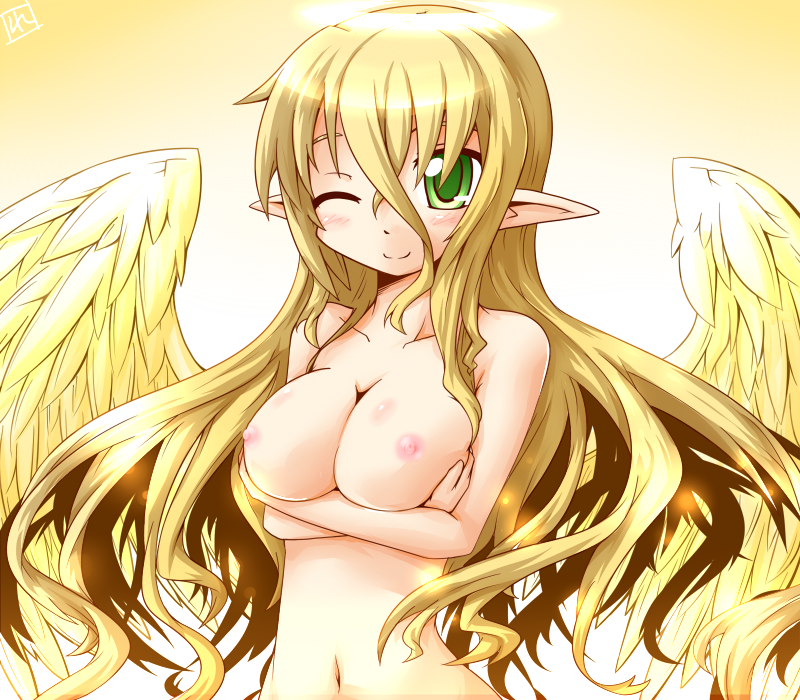reku, rex (artist), original, breast hold, bad id, bad pixiv id, angel, blonde hair, breasts, elf, green eyes, halo, large breasts, long hair, navel, nipples, nude, one eye closed, pointy ears, smile, solo, wings, wink