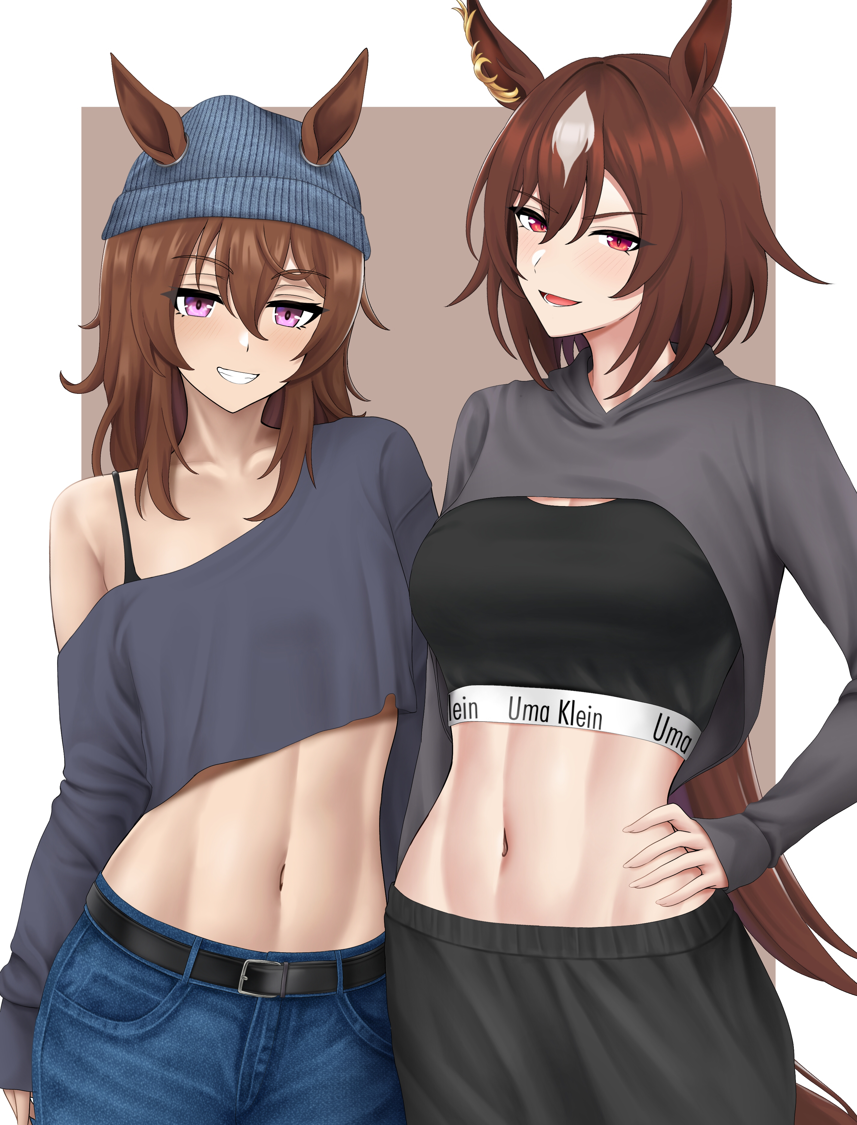 banba (jakqbigone), nakayama festa (umamusume), sirius symboli (umamusume), calvin klein, umamusume, absurdres, highres, 2girls, :d, abs, animal ears, baggy pants, belt, brown hair, denim, dress, ear piercing, grin, hair between eyes, hand on own hip, hat, horse girl, jeans, long hair, long sleeves, looking at viewer, messy hair, midriff, multiple girls, navel, off-shoulder dress, off shoulder, open mouth, pants, piercing, pink eyes, red eyes, simple background, smile, sports bra, sportswear