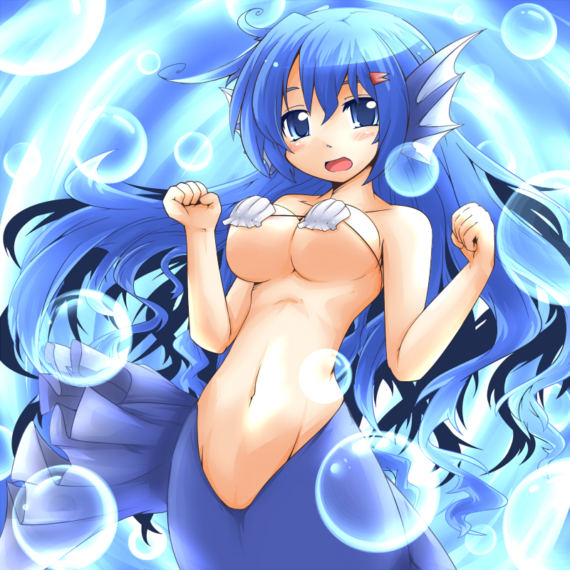 reku, original, 1girl, arms up, bikini, blue eyes, blue hair, blush, breasts, bubble, female focus, fins, floating hair, head fins, large breasts, long hair, matching hair/eyes, mermaid, monster girl, navel, open mouth, seashell, shell, shell bikini, solo, underboob, underwater, very long hair