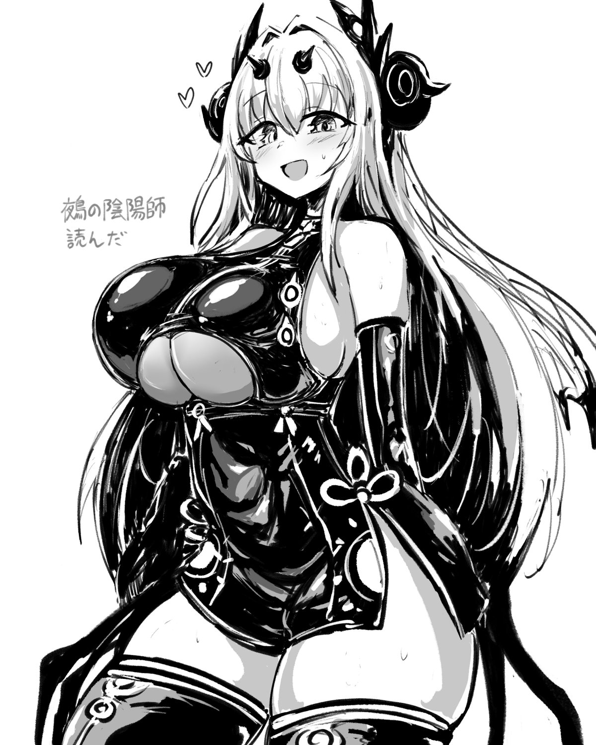 geist43195783, aramine ishu, nue no onmyouji, highres, blush, breasts, elbow gloves, gloves, hair ornament, heart, horns, huge breasts, long hair, monochrome, open mouth, sketch, thick thighs, thighhighs, thighs, underboob