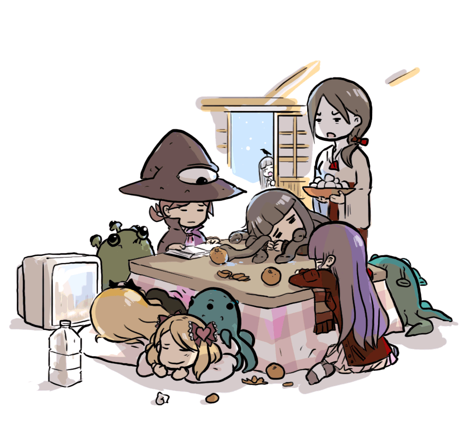 dan kim, calistor, mana (dan kim), midori (momoka corner), mopple, mr. mopps, mr. muddles, onee-san (momoka corner), snax, momoka corner, character request, 6+girls, animal, animal on head, bird, bird on head, blonde hair, book, bottle, bow, cape, creature, cyclops, extra eyes, food, fruit, hair bow, hat, indoors, kotatsu, living hair, living headwear, lying, mandarin orange, multiple girls, on head, on side, on stomach, one-eyed, orange (fruit), plastic bottle, purple hair, reading, saliva, shouji, sitting, sleeping, sliding doors, snake hair, standing, table, television, wariza, witch hat