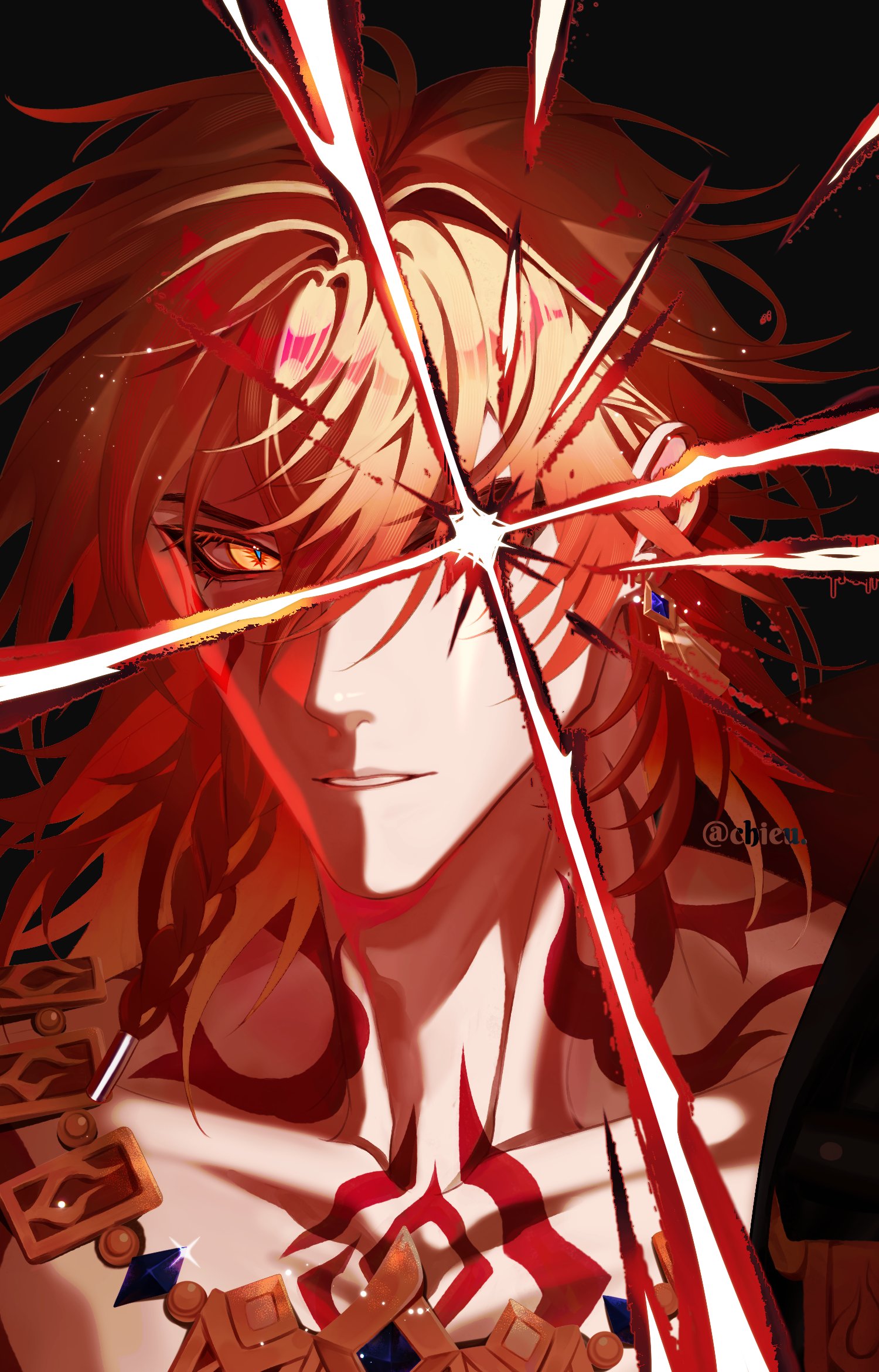 mydei (honkai: star rail), honkai: star rail, honkai (series), hashtag-only commentary, highres, 1boy, armlet, black coat, blonde hair, braid, chest tattoo, coat, creodizlavan, earrings, facial tattoo, gold earrings, gold necklace, gradient hair, jewelry, male focus, medium hair, multicolored hair, necklace, open clothes, open coat, red hair, red tattoo, side braid, solo, tattoo, yellow eyes