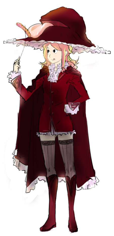 dan kim, black eyes, blonde hair, cloak, food, hat, sausage, solo, thighhighs