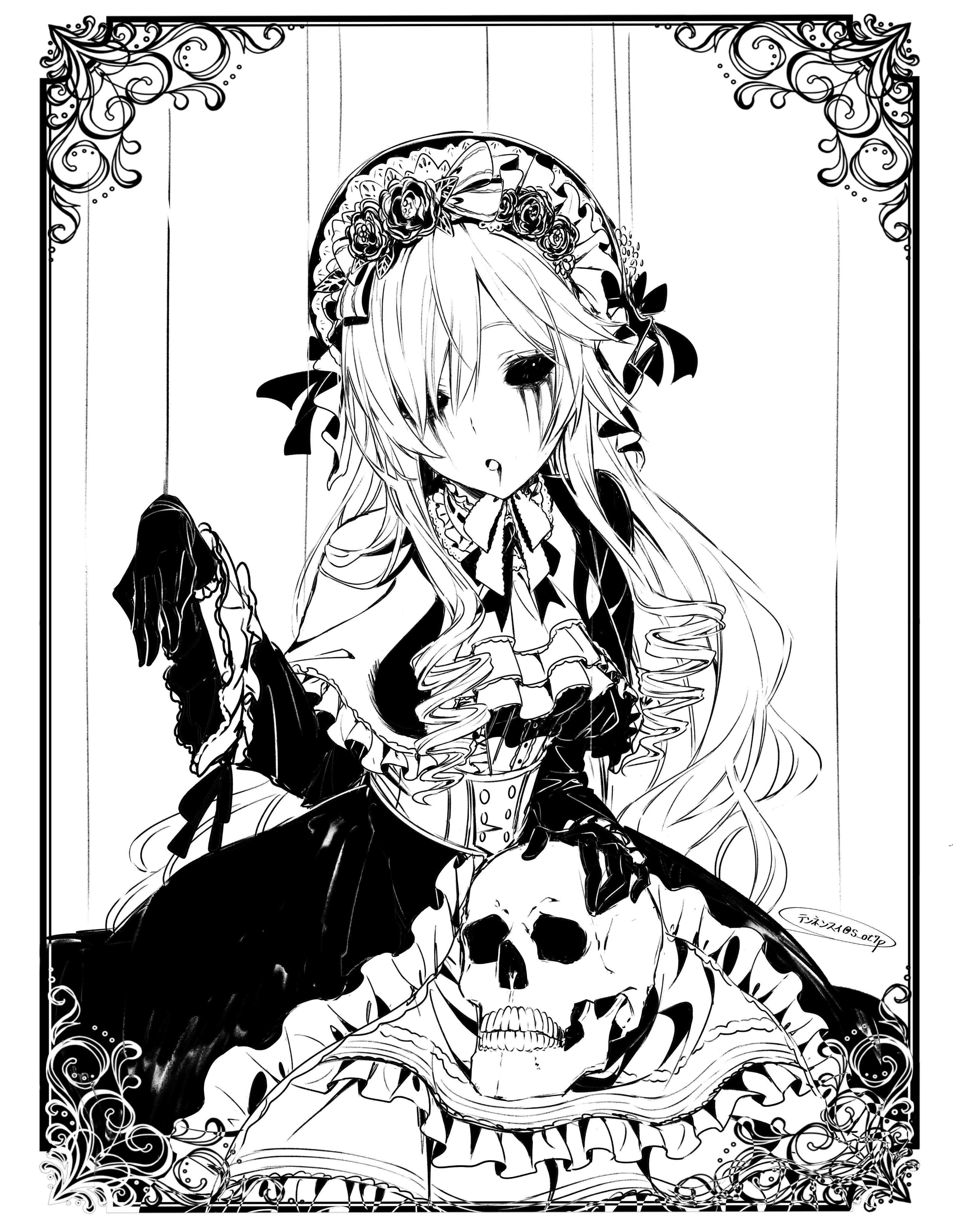 tennensui (midorinokaibutu4500), galatea (identity v), identity v, absurdres, highres, 1girl, :o, alternate costume, ascot, black dress, black gloves, black sclera, bonnet, bow, colored sclera, dress, drill hair, flower, frilled dress, frilled sleeves, frills, gloves, greyscale, hair over one eye, lipstick, long hair, makeup, monochrome, ribbon, rose, runny makeup, skull, smeared lipstick, solid eyes, twin drills, wide sleeves