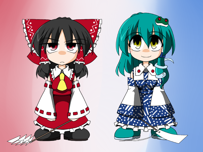 kieyza, kiezya, hakurei reimu, kochiya sanae, touhou, 2girls, ascot, blue skirt, brown eyes, brown hair, chibi, detached sleeves, expressionless, female focus, frog hair ornament, full body, gohei, green hair, hair ornament, long sleeves, looking at viewer, mary janes, multiple girls, nontraditional miko, oonusa, shoes, skirt, standing, vest