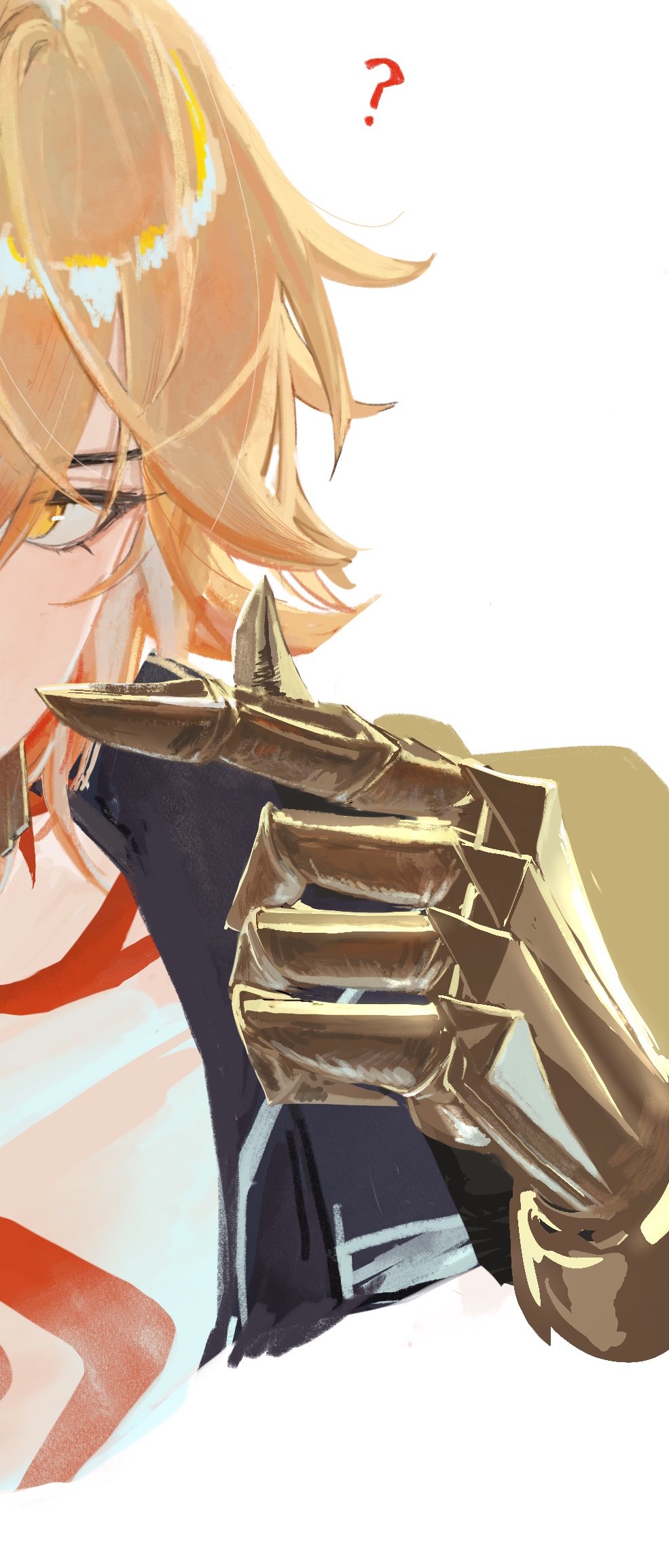 mydei (honkai: star rail), honkai: star rail, honkai (series), commentary request, highres, 1boy, ?, black coat, blonde hair, braid, chest tattoo, coat, earrings, finger heart, gold earrings, gradient hair, jewelry, male focus, medium hair, multicolored hair, open clothes, open coat, red hair, red tattoo, side braid, simple background, solo, tara2 cp, tattoo, white background, yellow eyes