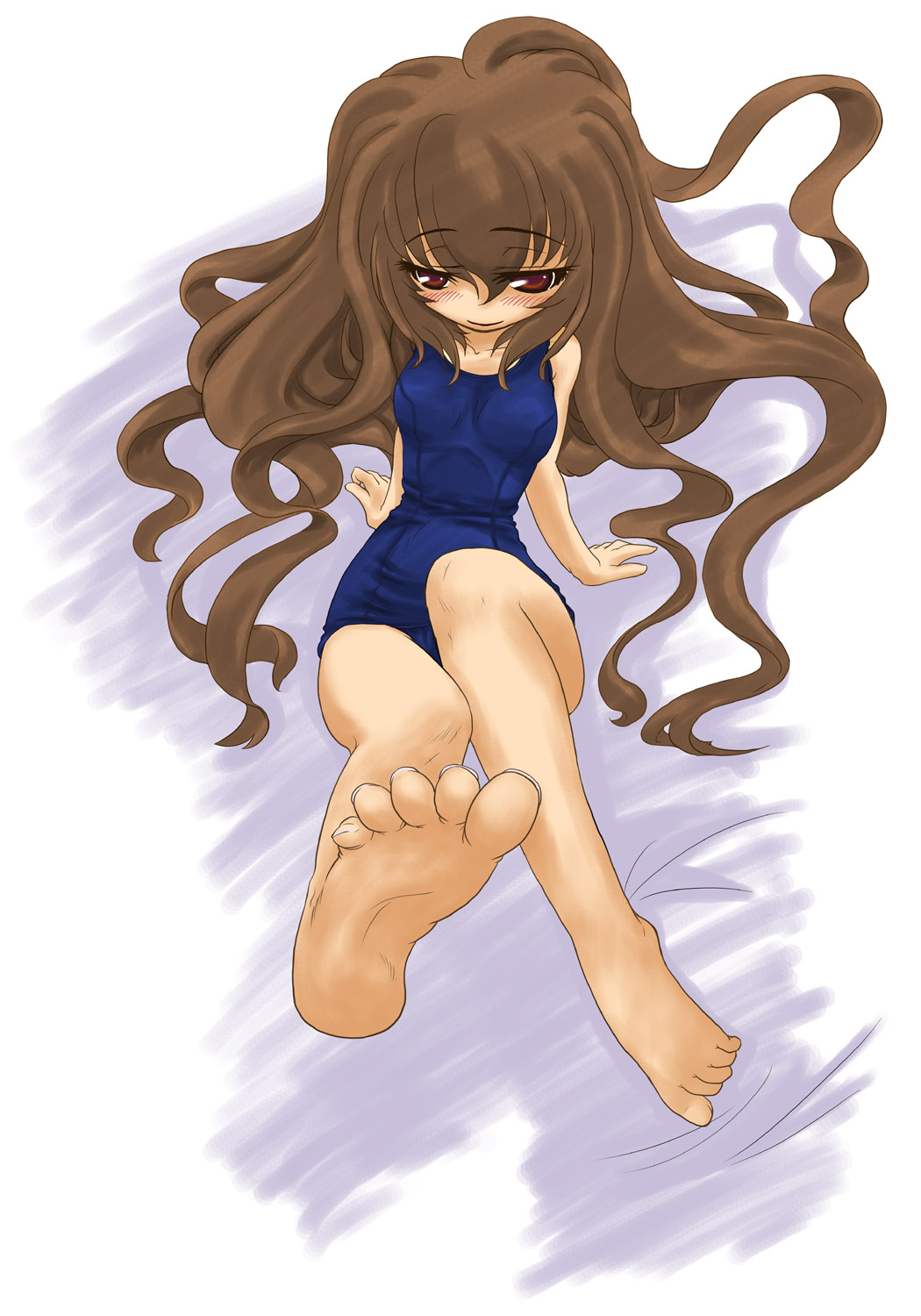 ten10, aisaka taiga, toradora!, highres, 00s, 1girl, averting eyes, bad anatomy, bad feet, barefoot, blush, brown eyes, brown hair, feet, female focus, foot focus, long hair, one-piece swimsuit, poorly drawn, school swimsuit, soles, solo, swimsuit, very long hair
