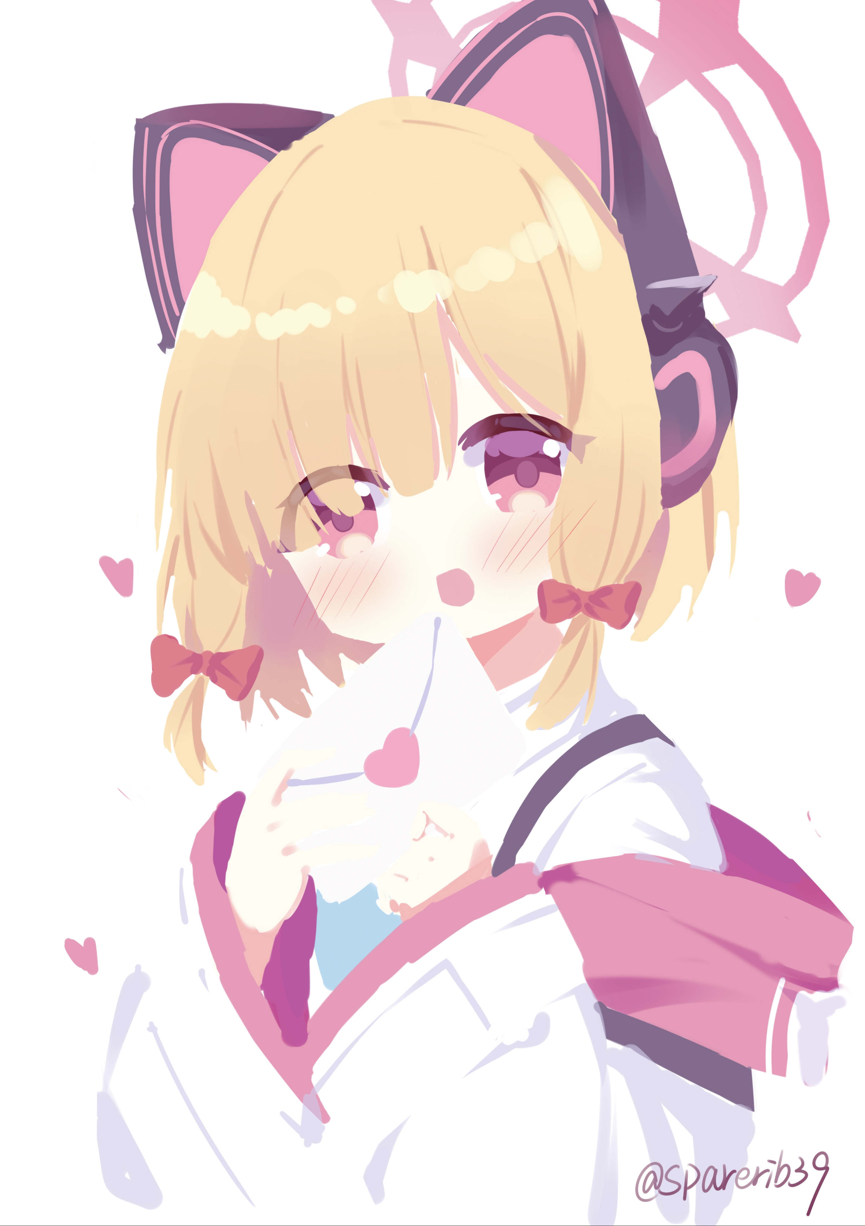 momoi (blue archive), blue archive, absurdres, highres, non-web source, 1girl, animal ear headphones, animal ears, blonde hair, blush, bow, cat ear headphones, cat ears, collared shirt, envelope, fake animal ears, hair bow, halo, hands up, headphones, heart, holding, jacket, long sleeves, looking at viewer, necktie, open mouth, red bow, red eyes, shirt, simple background, smile, solo, sparerib-, upper body, white background, white jacket, white shirt, wide sleeves