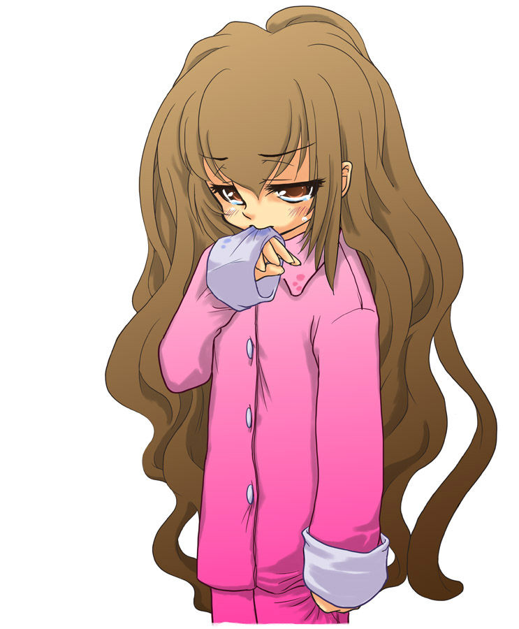 ten10, aisaka taiga, toradora!, 00s, brown eyes, brown hair, long hair, mouth hold, pajamas, solo, tears