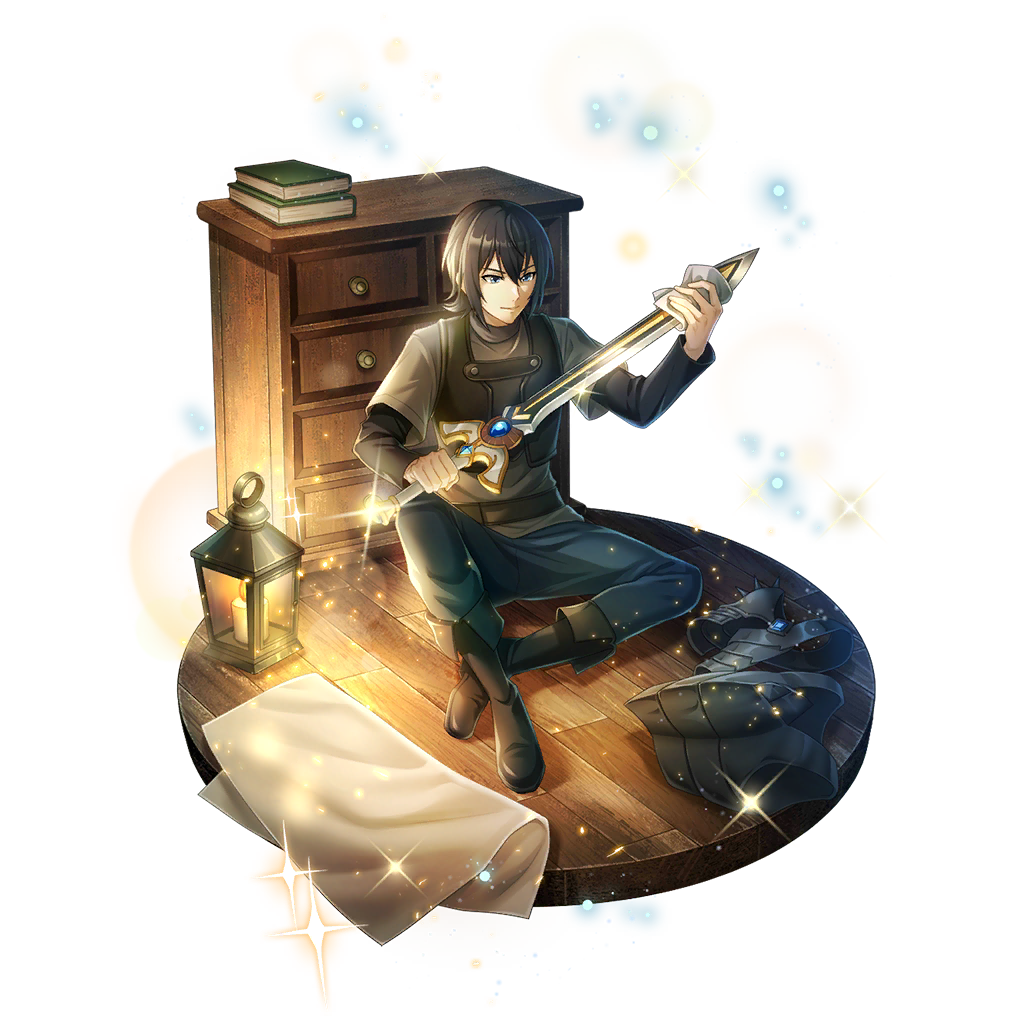 amaki ren, tate no yuusha no nariagari, tate no yuusha no nariagari rerise, artist request, game cg, official art, 1boy, ankle boots, armor, belt, black belt, black boots, black hair, black shirt, black vest, blue eyes, blue pants, book, book stack, boots, chest of drawers, cleaning, cleaning weapon, cuirass, double-parted bangs, full body, grey shirt, hair between eyes, holding, holding sword, holding weapon, lantern, layered shirt, legendary sword (small sword) (tate no yuusha no nariagari), legendary sword (tate no yuusha no nariagari), light particles, light smile, long sleeves, looking at object, male focus, official alternate costume, on floor, pants, pauldrons, shirt, short hair, short sleeves, shoulder armor, sidelocks, single pauldron, sitting, solo, sparkle, spiked pauldrons, spikes, sword, unworn armor, v-shaped eyebrows, vest, weapon, wooden floor