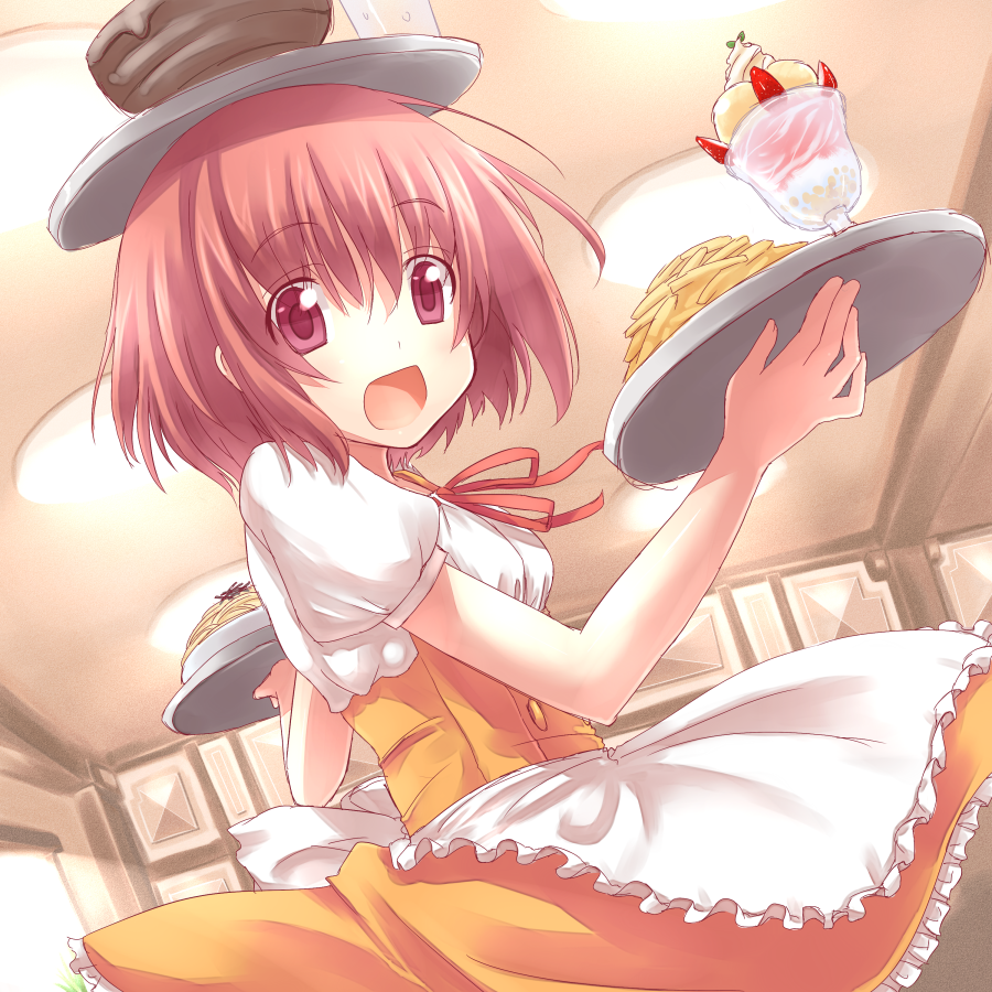 hiraga matsuri, hirasato, kushieda minori, toradora!, 00s, 1girl, dress, female focus, food, french fries, object on head, parfait, red eyes, red hair, short hair, smile, solo, tray, waitress