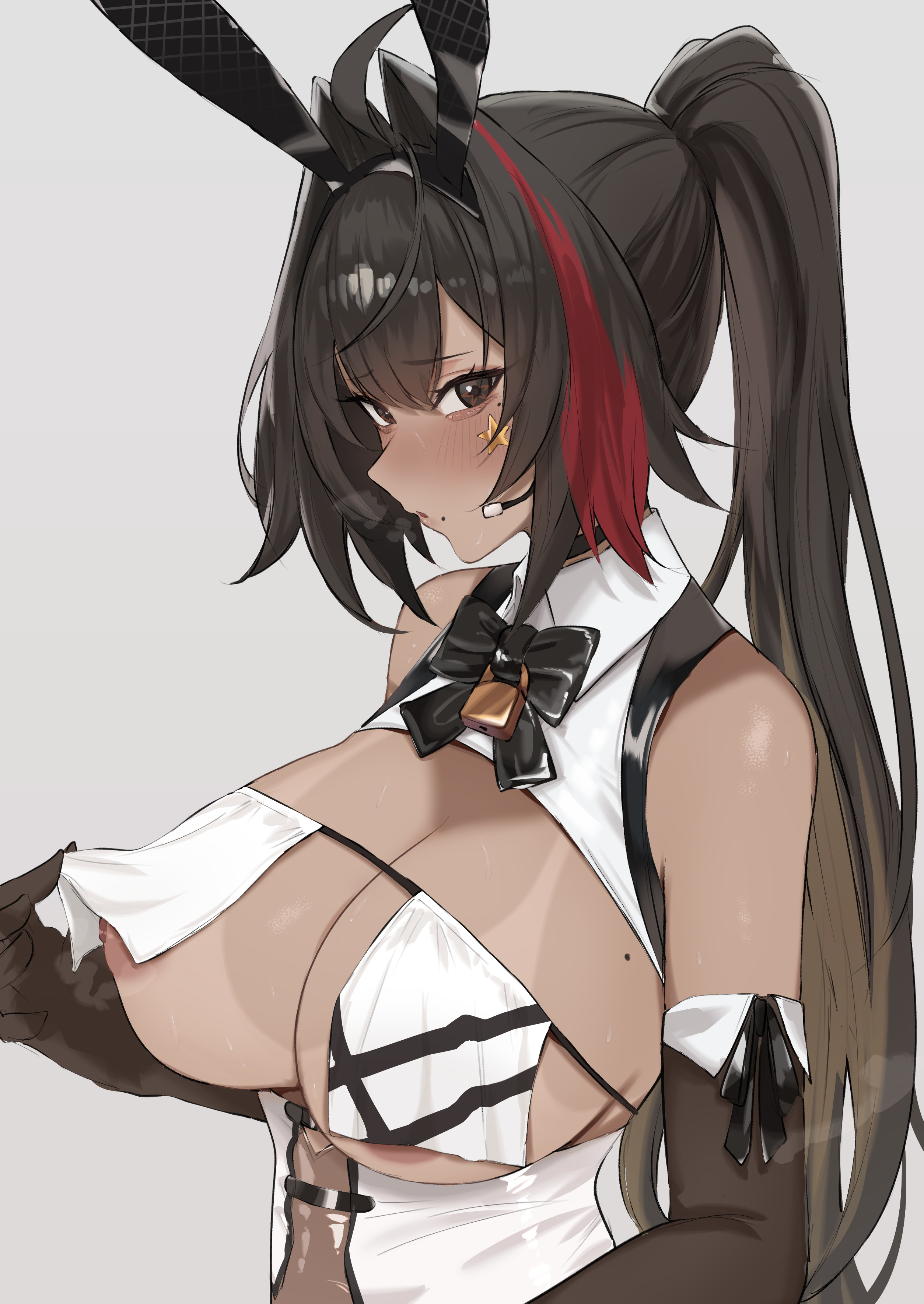 dera self, bay (nikke), bay (radiant rabbit) (nikke), goddess of victory: nikke, absurdres, commentary request, highres, 1girl, animal ears, breast curtains, breasts, brown hair, dark-skinned female, dark skin, fake animal ears, grey background, long hair, looking at viewer, mole, mole on breast, mole under eye, multicolored hair, nipples, official alternate costume, playboy bunny, ponytail, rabbit ears, red hair, simple background, solo, star (symbol), star sticker, sticker, streaked hair, tan, tanline, upper body