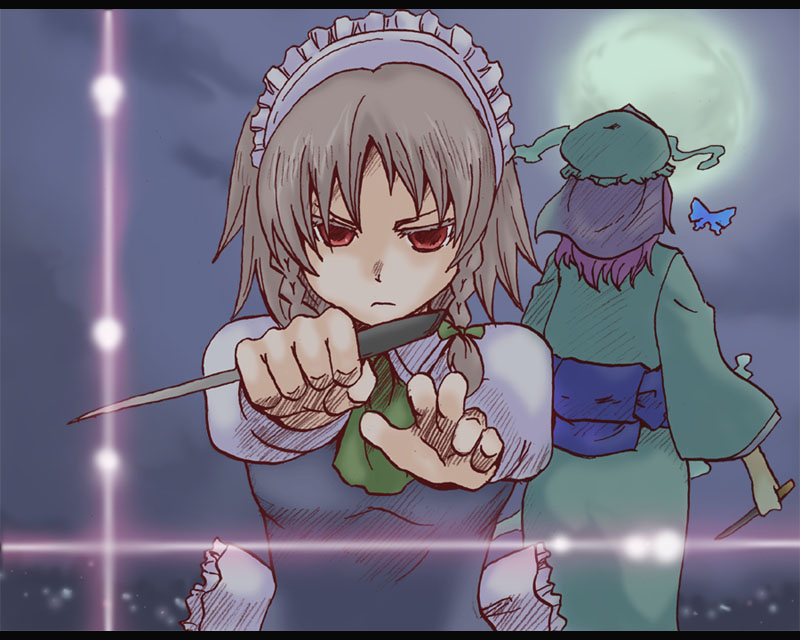 toto (hitori othello), izayoi sakuya, saigyouji yuyuko, kara no kyoukai, touhou, silver hair, bad id, bad pixiv id, 2girls, bug, butterfly, female focus, full moon, hairband, hat, insect, japanese clothes, kimono, knife, letterboxed, maid, moon, multiple girls, outdoors, parody, pink hair, red eyes, short hair, sky, throwing knife, upper body, weapon