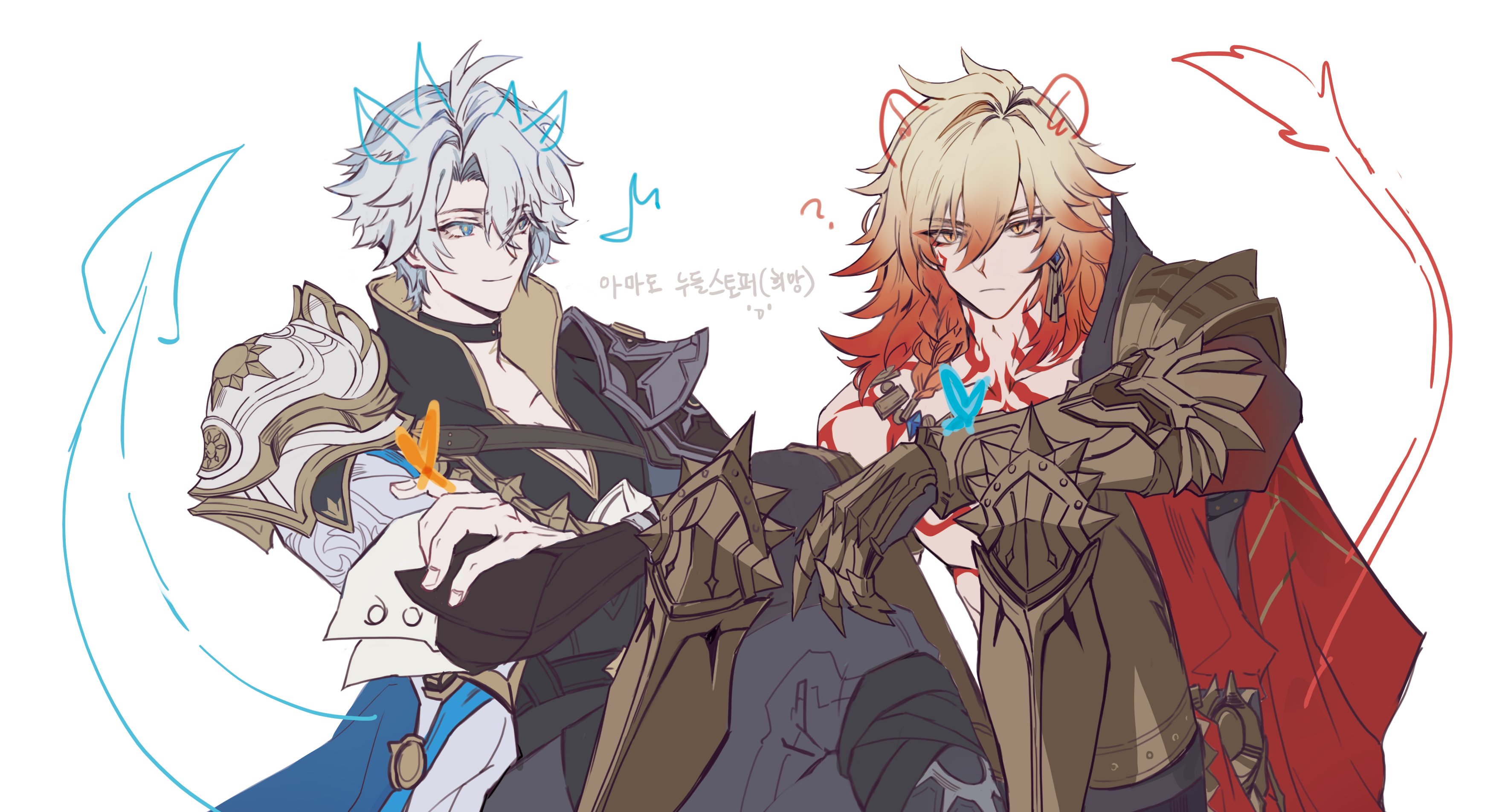 qel, mydei (honkai: star rail), phainon (honkai: star rail), honkai: star rail, honkai (series), absurdres, highres, 2boys, antenna hair, armlet, armor, armored boots, black choker, black coat, black pants, black shirt, blonde hair, blue eyes, boots, braid, chest tattoo, choker, clawed gauntlets, coat, drawn ears, drawn tail, earrings, facial tattoo, gold earrings, gold necklace, gradient hair, jewelry, male focus, medium hair, multicolored hair, multiple boys, neck tattoo, necklace, open clothes, open coat, pants, parted bangs, pauldrons, red hair, red tattoo, shirt, short hair, shoulder armor, side braid, simple background, single pauldron, sun symbol, sun tattoo, tan, tattoo, white background, white coat, white hair, yellow eyes