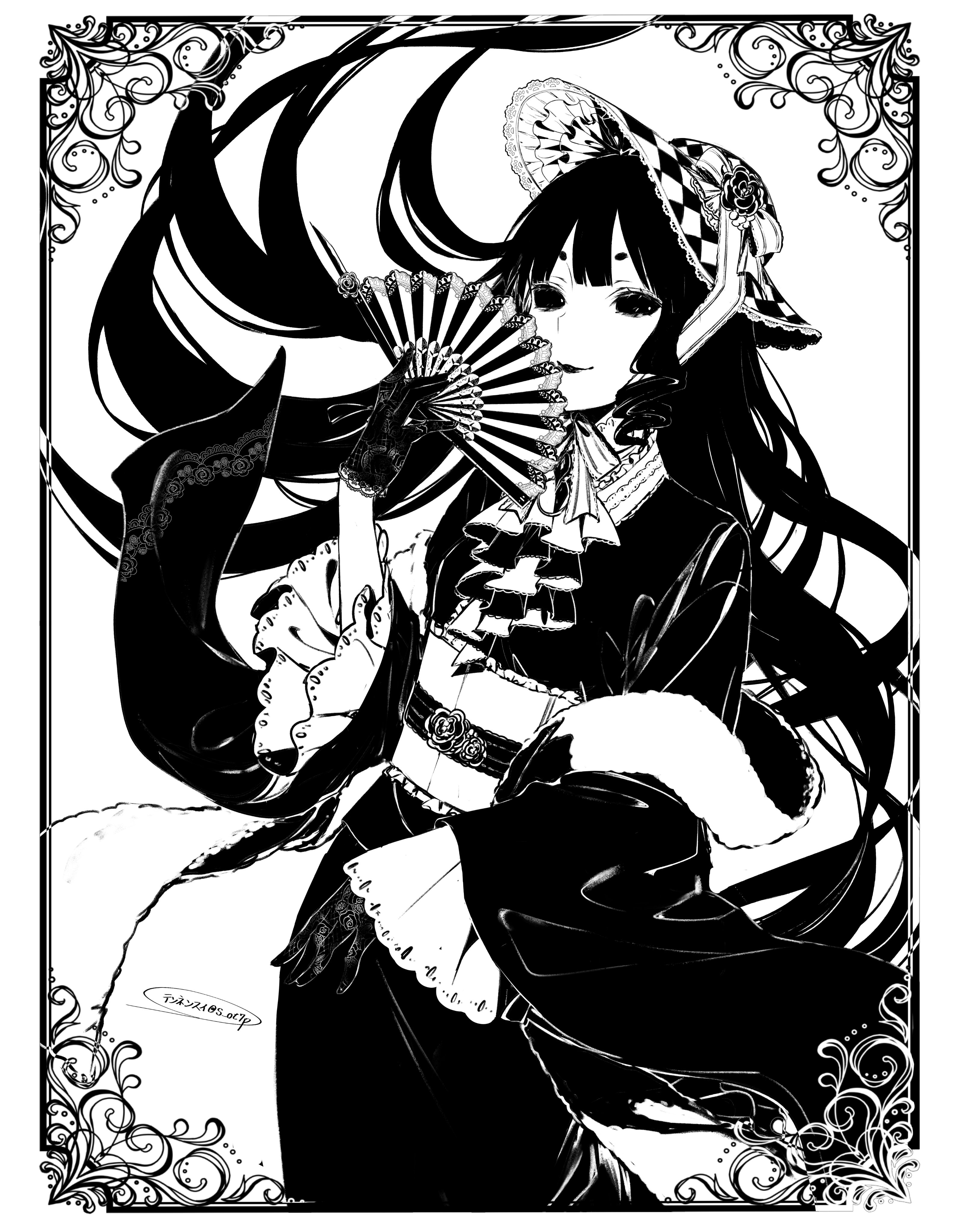 tennensui (midorinokaibutu4500), michiko (identity v), identity v, absurdres, highres, 1girl, alternate costume, ascot, black gloves, black hair, black kimono, black lips, black sclera, blunt bangs, colored sclera, floating hair, frilled hat, frilled sleeves, frills, gloves, greyscale, hand fan, hat, hikimayu, japanese clothes, kimono, monochrome, ribbon, sleeves past wrists, smile, solid eyes, wide sleeves