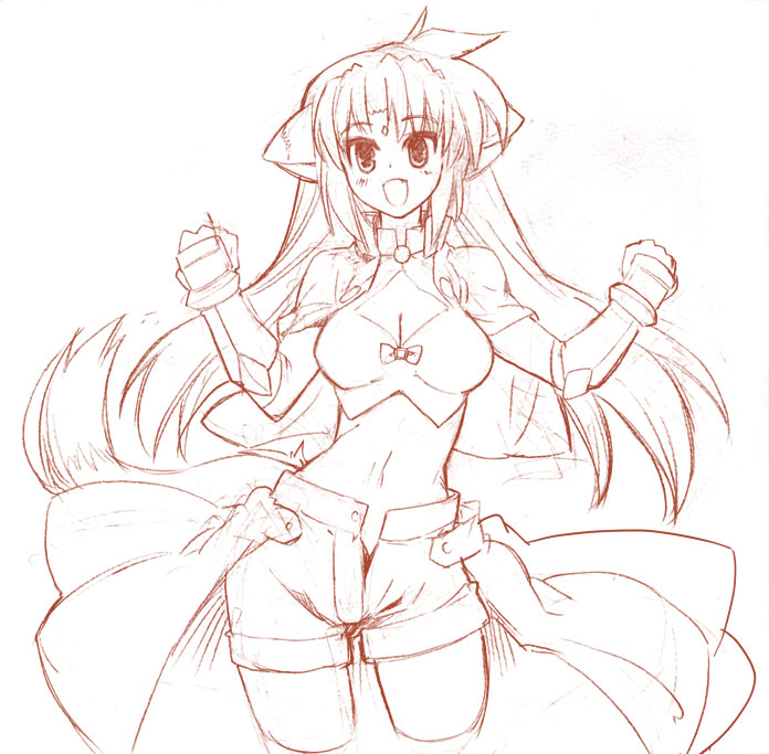 momiji mao, arf, lyrical nanoha, mahou shoujo lyrical nanoha, 00s, 1girl, :d, breasts, brown theme, cleavage, cleavage cutout, clenched hands, clothing cutout, crop top, cropped legs, female focus, long hair, looking at viewer, midriff, monochrome, navel, open fly, open mouth, shorts, simple background, smile, solo, stomach, very long hair, white background
