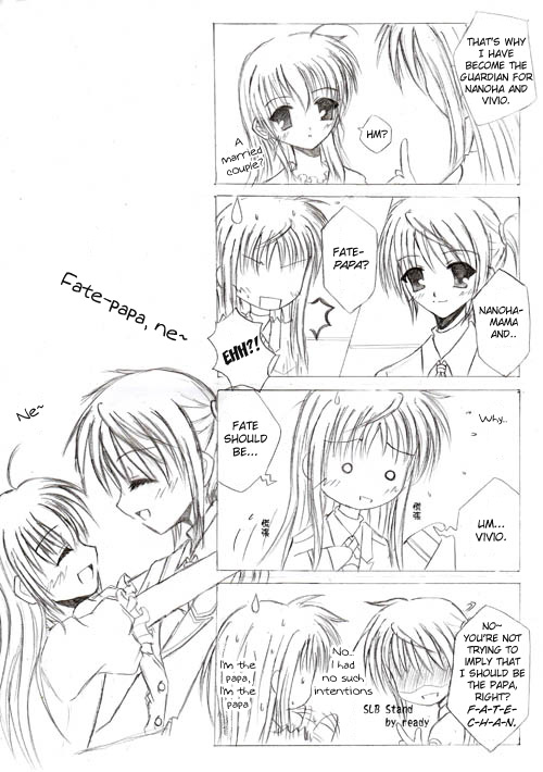 fate testarossa, takamachi nanoha, vivio, lyrical nanoha, mahou shoujo lyrical nanoha, hard-translated, third-party edit, translated, 00s, comic, english text, greyscale, monochrome