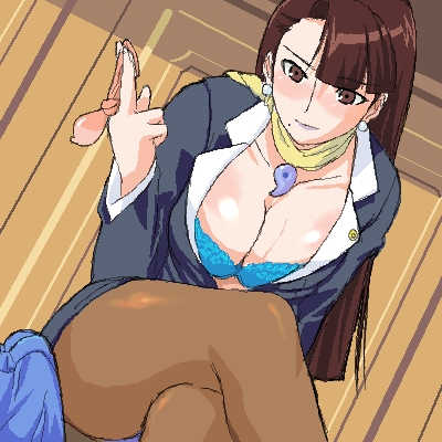 mia fey, ace attorney, capcom, artist request, lowres, 1girl, black eyes, blush, bra, breasts, brown eyes, brown hair, brown pantyhose, cleavage, condom, crossed legs, earrings, female focus, jewelry, large breasts, lingerie, long hair, magatama, mole, mole under mouth, oekaki, open clothes, open shirt, pantyhose, scarf, shirt, sitting, solo, underwear, used condom