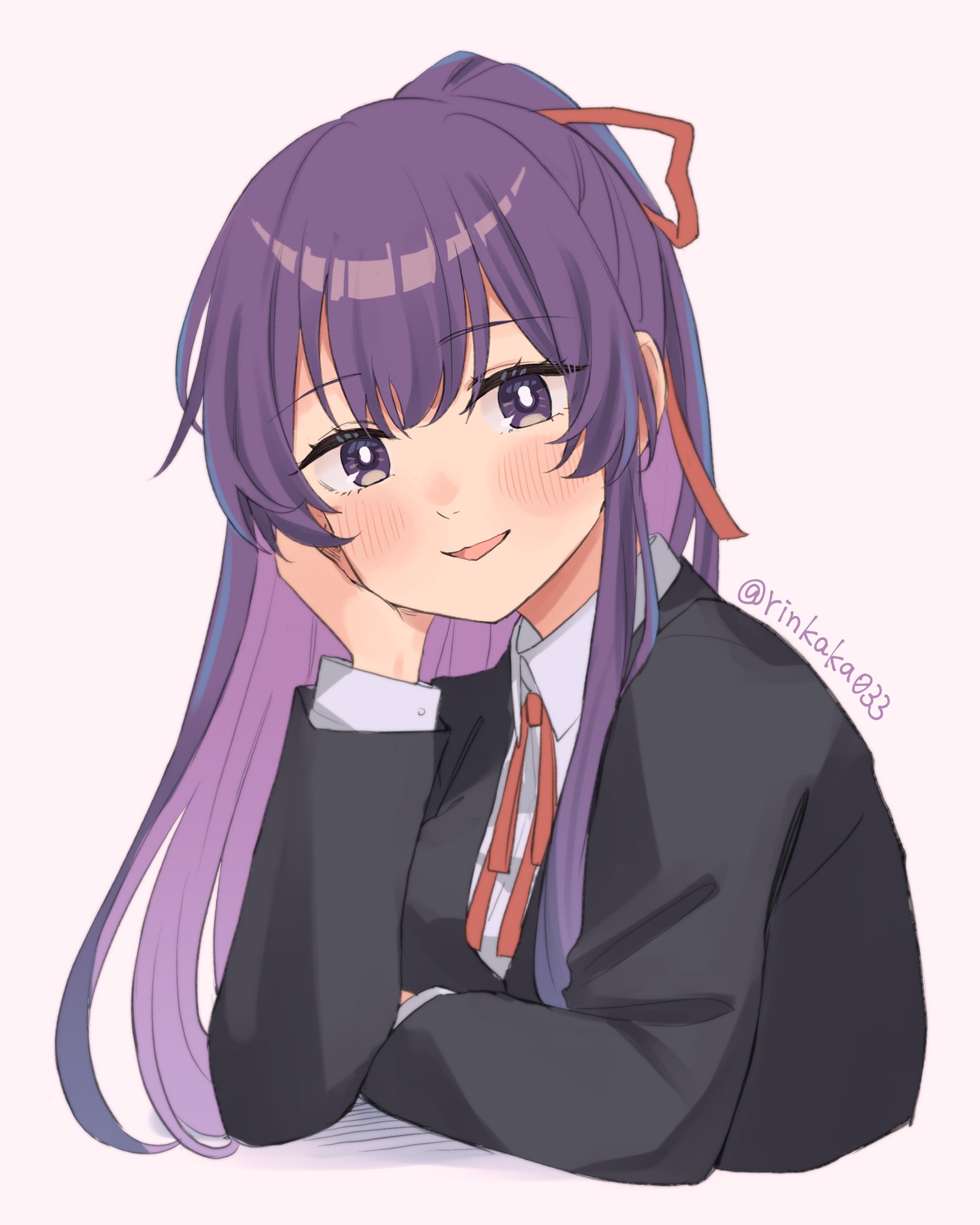 kyoraku (weng3133), yatogami tohka, date a live, absurdres, commentary, english commentary, highres, 1girl, artist name, black jacket, hair ribbon, jacket, long hair, looking at viewer, neck ribbon, purple hair, red ribbon, ribbon, school uniform, simple background, smile, solo, upper body, white background