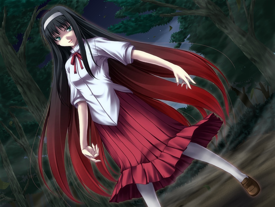 miyai sen, tohno akiha, tsukihime, 00s, 1girl, black hair, blue eyes, female focus, forest, long hair, multicolored hair, nature, red hair, skirt, solo, very long hair