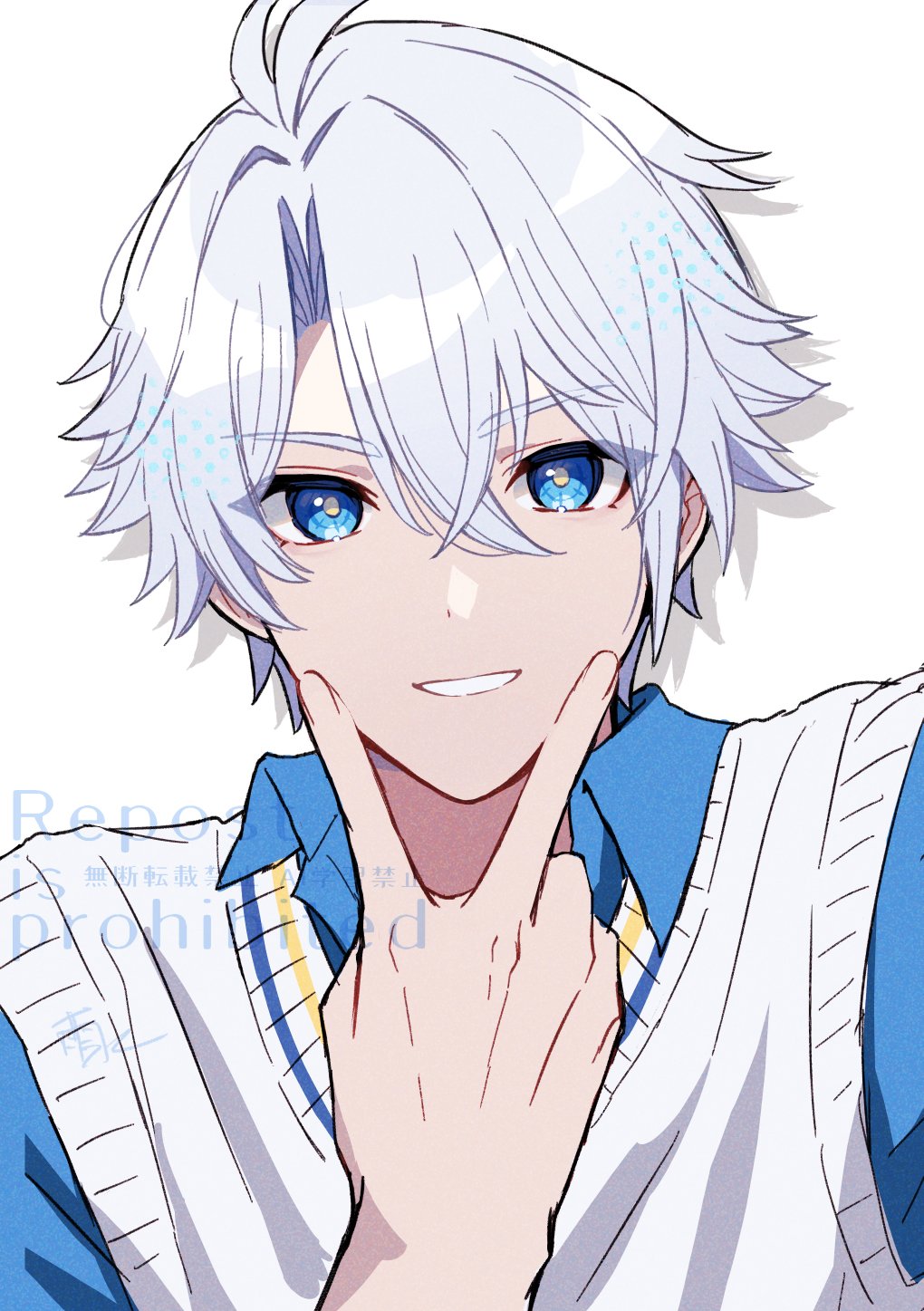 amamizu (shigure-doki), phainon (honkai: star rail), honkai: star rail, honkai (series), commentary request, highres, 1boy, antenna hair, blue eyes, collared shirt, male focus, parted bangs, shirt, short hair, simple background, solo, v, vest, watermark, white background, white hair, white vest