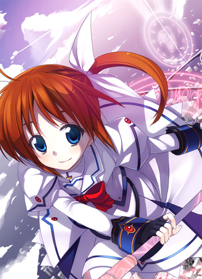 ikawa waki, raising heart, takamachi nanoha, takamachi nanoha (sacred mode), lyrical nanoha, mahou shoujo lyrical nanoha, uniform, 00s, 1girl, blue eyes, bow, brown hair, cloud, female focus, fingerless gloves, flying, gloves, hair ribbon, looking at viewer, magic circle, puffy sleeves, ribbon, sky, smile, solo