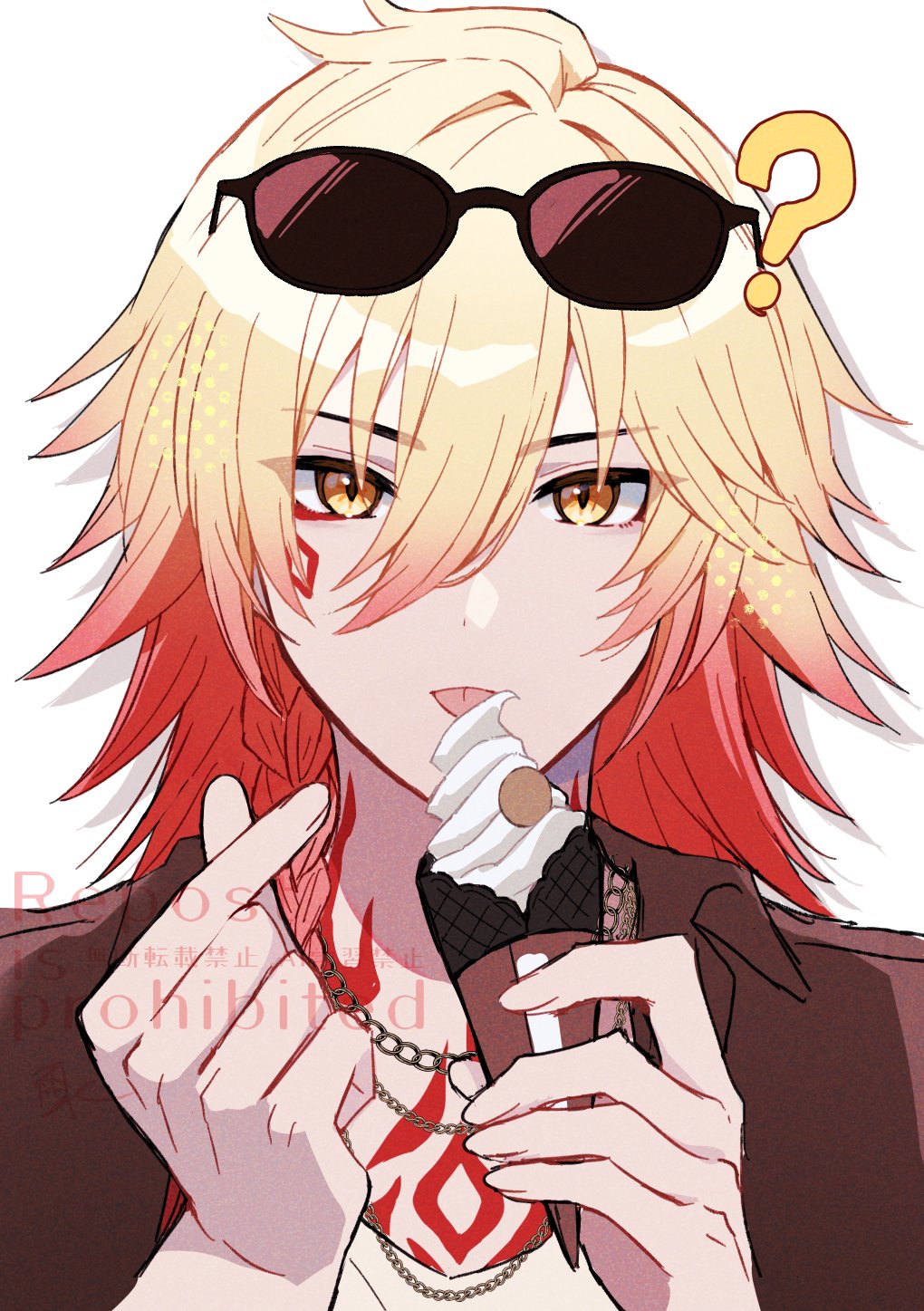 amamizu (shigure-doki), mydei (honkai: star rail), honkai: star rail, honkai (series), commentary request, highres, 1boy, ?, black shirt, blonde hair, braid, chest tattoo, collared shirt, eyewear on head, facial tattoo, finger heart, food, gradient hair, ice cream, male focus, medium hair, multicolored hair, red hair, red tattoo, shirt, side braid, simple background, solo, tattoo, watermark, white background, yellow eyes