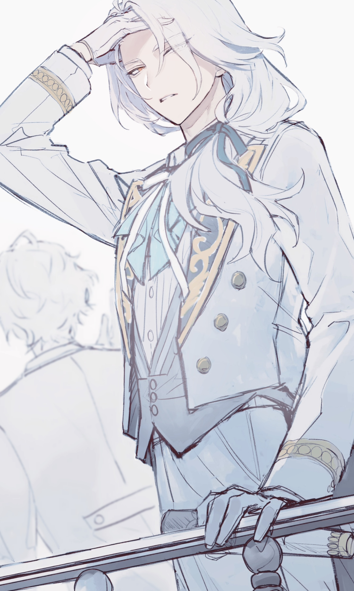 ran nagisa, ensemble stars!, highres, 1boy, ascot, buttons, collared shirt, cropped jacket, from below, gloves, gold buttons, gold trim, grey hair, hair ribbon, half-closed eyes, hand in own hair, hand on railing, hisohiso end, holding, holding microphone, idol, idol clothes, jacket, lapels, long hair, long sleeves, looking at viewer, low ponytail, lower body, microphone, neck ribbon, official alternate costume, official alternate hairstyle, one eye covered, parted lips, patterned clothing, ponytail, railing, red eyes, ribbon, shirt, simple background, solo, vest, white background, white gloves, white shirt, white wrist cuffs, wrist cuffs