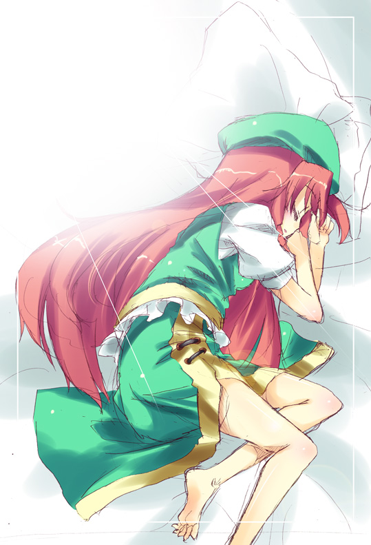 subachi, hong meiling, embodiment of scarlet devil, touhou, light, bad id, bad pixiv id, 1girl, barefoot, feet, female focus, hat, long hair, lying, on side, red hair, ribbon, sketch, sleeping, solo, sunlight