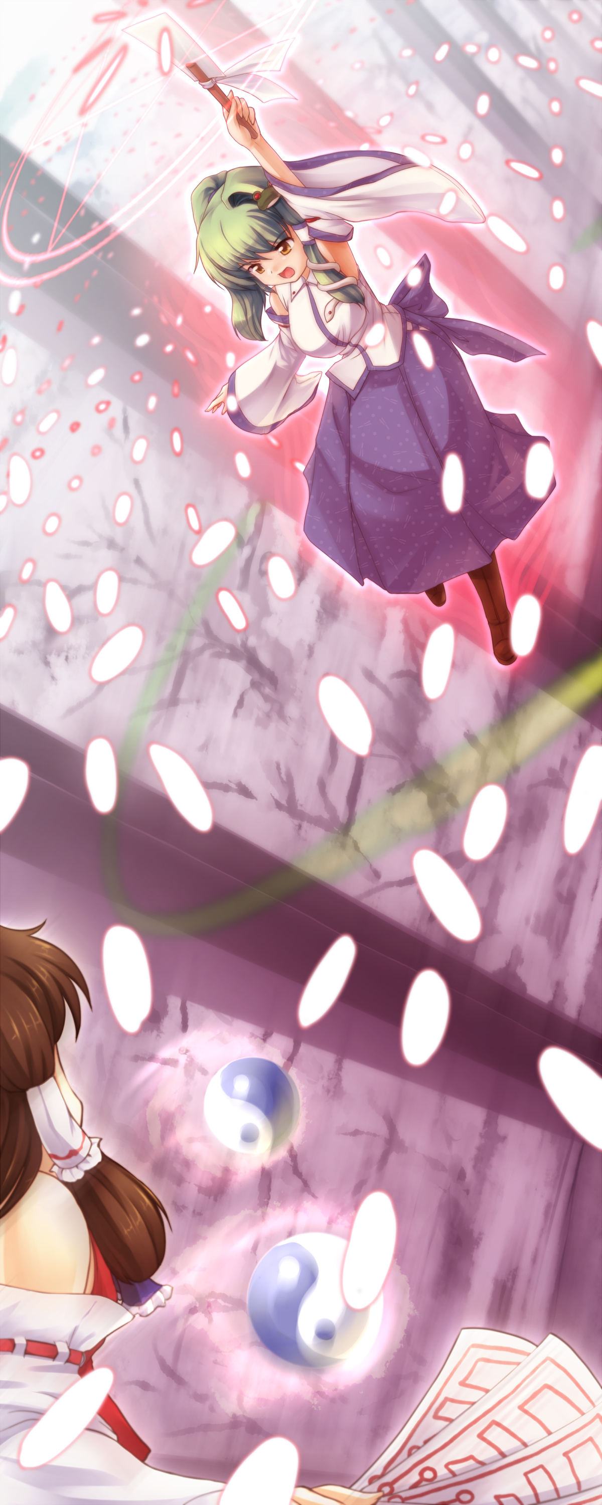 tdk, hakurei reimu, kochiya sanae, touhou, absurdres, highres, long image, tall image, 1girl, arm up, armpits, battle, brown hair, danmaku, detached sleeves, female focus, frog, gohei, green hair, hair ornament, hand up, japanese clothes, long hair, magic circle, midair, miko, motion blur, ofuda, oonusa, snake, solo, yellow eyes, yin yang