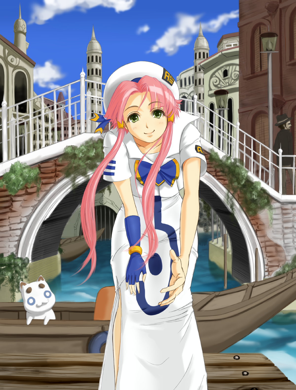 hyper heiki, taono kinoko, aria pokoteng, mizunashi akari, aria (manga), highres, 00s, 1girl, blouse, boat, female focus, green eyes, hat, long hair, pink hair, shirt, short hair with long locks, solo, watercraft, white shirt