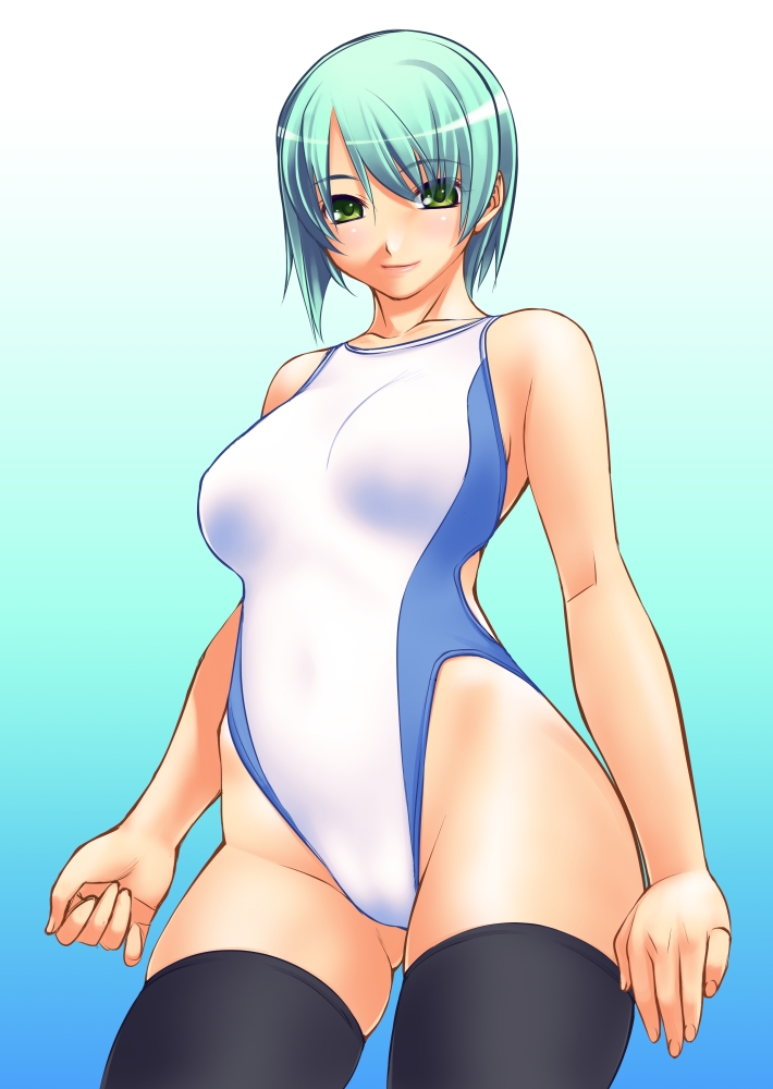 asakura sakura, original, aqua hair, competition swimsuit, green eyes, green hair, highleg, highleg one-piece swimsuit, hip bones, one-piece swimsuit, short hair, solo, swimsuit, thighhighs