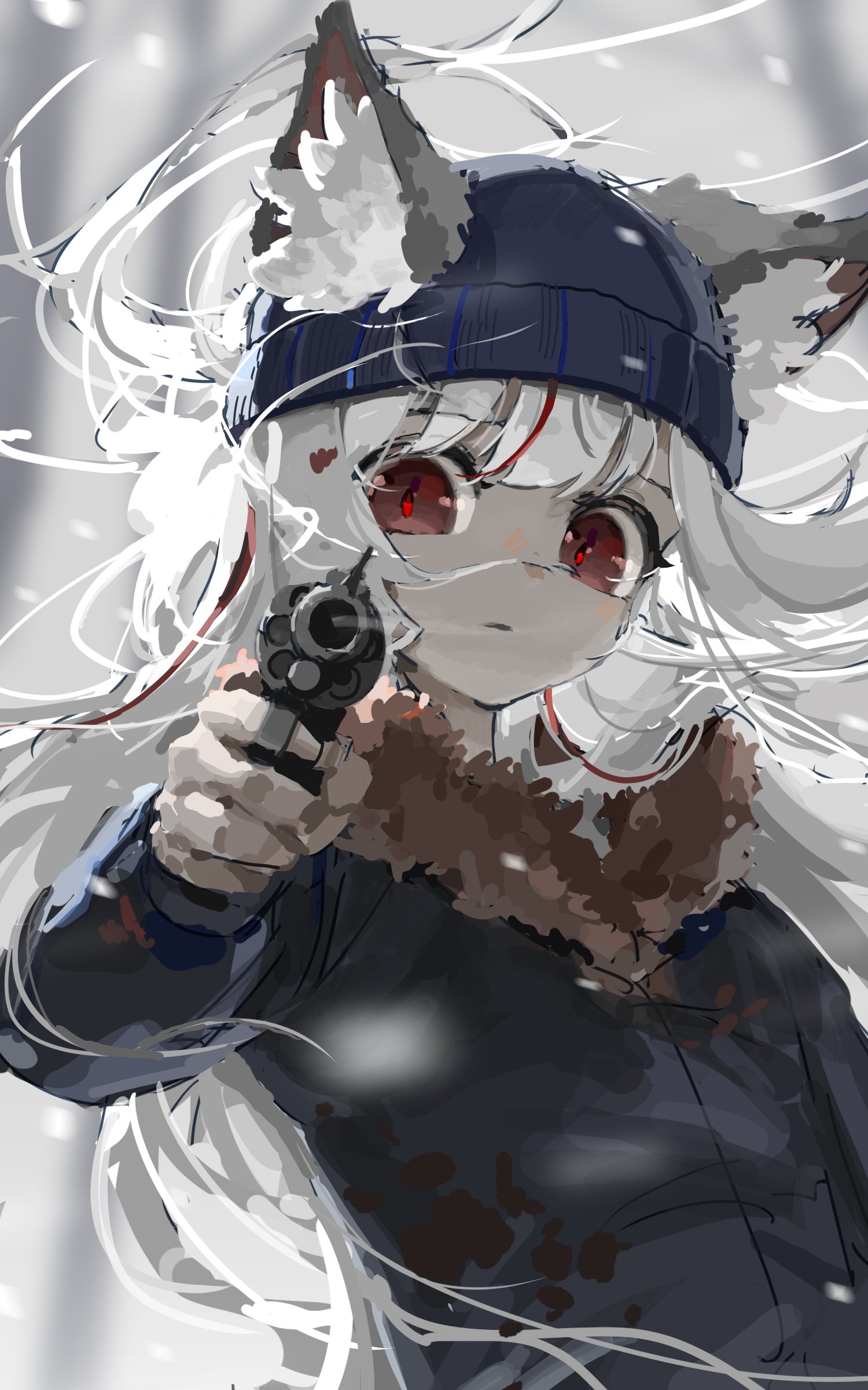 bmm4qs, neneko mashiro, stellive, absurdres, commentary request, highres, korean commentary, 1girl, animal ear fluff, animal ears, beanie, black coat, blue hat, cat ears, closed mouth, coat, floating hair, grey hair, gun, handgun, hat, holding, holding gun, holding weapon, long hair, long sleeves, ooarai school uniform, red eyes, school uniform, serious, solo, upper body, virtual youtuber, weapon, winter clothes, winter coat