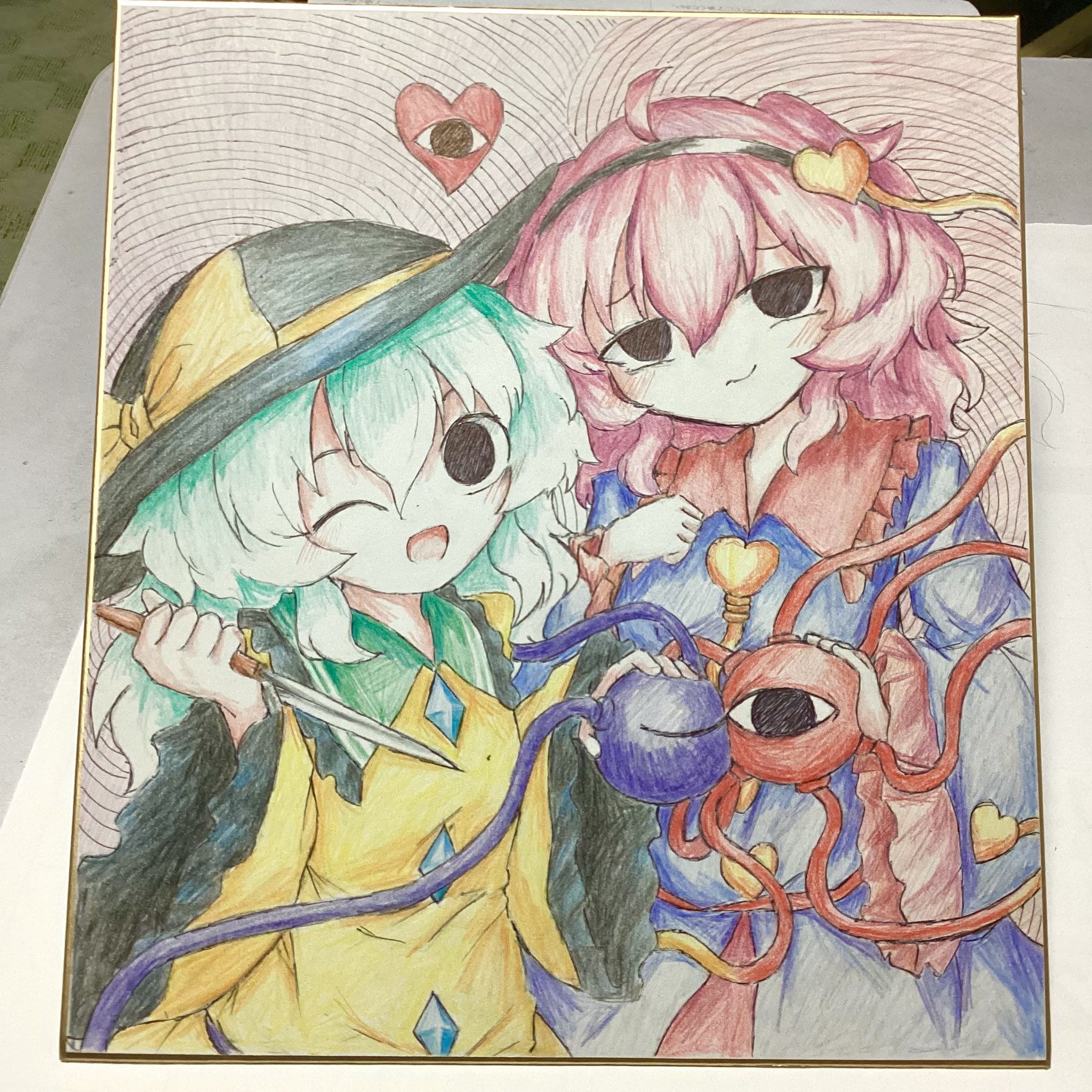 heripantomorrow, komeiji koishi, komeiji satori, touhou, colored pencil (medium), highres, traditional media, 2girls, black eyes, black hairband, black hat, blue shirt, buttons, diamond button, eyeball, frilled shirt collar, frilled sleeves, frills, green hair, hair ornament, hairband, hat, hat ribbon, heart, heart button, heart hair ornament, holding, holding knife, knife, multiple girls, one eye closed, pink hair, pink skirt, ribbon, shirt, siblings, sisters, skirt, smile, third eye, wide sleeves, yellow ribbon, yellow shirt