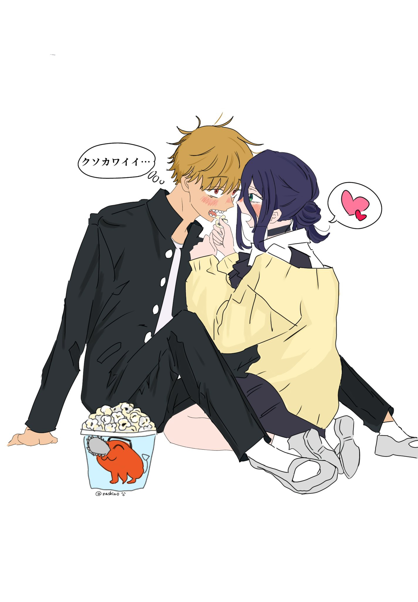 denji (chainsaw man), pochita (chainsaw man), reze (chainsaw man), chainsaw man, commentary request, highres, translation request, 1boy, 1girl, alternate costume, black choker, black hair, black jacket, black pants, black skirt, blonde hair, blush, cardigan, character print, choker, eye contact, feeding, food, full body, gakuran, heart, hetero, jacket, kneeling, looking at another, nashiwo0, pants, popcorn, school uniform, sharp teeth, simple background, sitting, skirt, speech bubble, spoken heart, teeth, thought bubble, white background, yellow cardigan