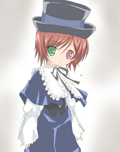 core (mayomayo), souseiseki, rozen maiden, bad id, bad pixiv id, 00s, 1girl, blue dress, brown hair, collar, cowboy shot, doll, dress, female focus, frills, green eyes, heterochromia, long sleeves, looking at viewer, red eyes, short hair, simple background, solo, white background