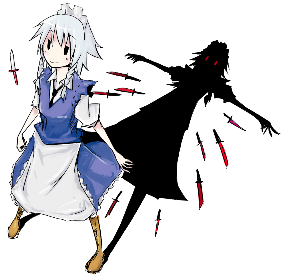 shiroshi (denpa eshidan), izayoi sakuya, touhou, silver hair, bad id, bad pixiv id, 1girl, female focus, hairband, knife, maid, ribbon, shadow, short hair, solo, throwing knife, weapon