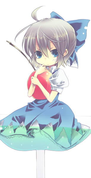 pochi-t, cirno, embodiment of scarlet devil, touhou, silver hair, bad id, bad pixiv id, 1girl, blue eyes, cherry, dress, female focus, food, fruit, mini person, minigirl, ribbon, short hair, simple background, solo, white background