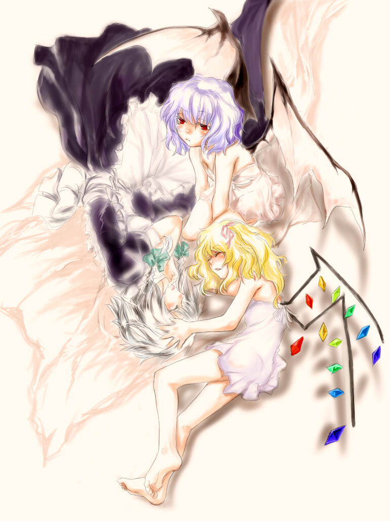 shiro (artist), shiro (hakukosui), flandre scarlet, izayoi sakuya, remilia scarlet, embodiment of scarlet devil, touhou, silver hair, 3girls, barefoot, bat wings, blonde hair, blue hair, blush, braid, feet, female focus, lingerie, maid, multiple girls, nightgown, red eyes, ribbon, short hair, sleeping, twin braids, underwear, wings