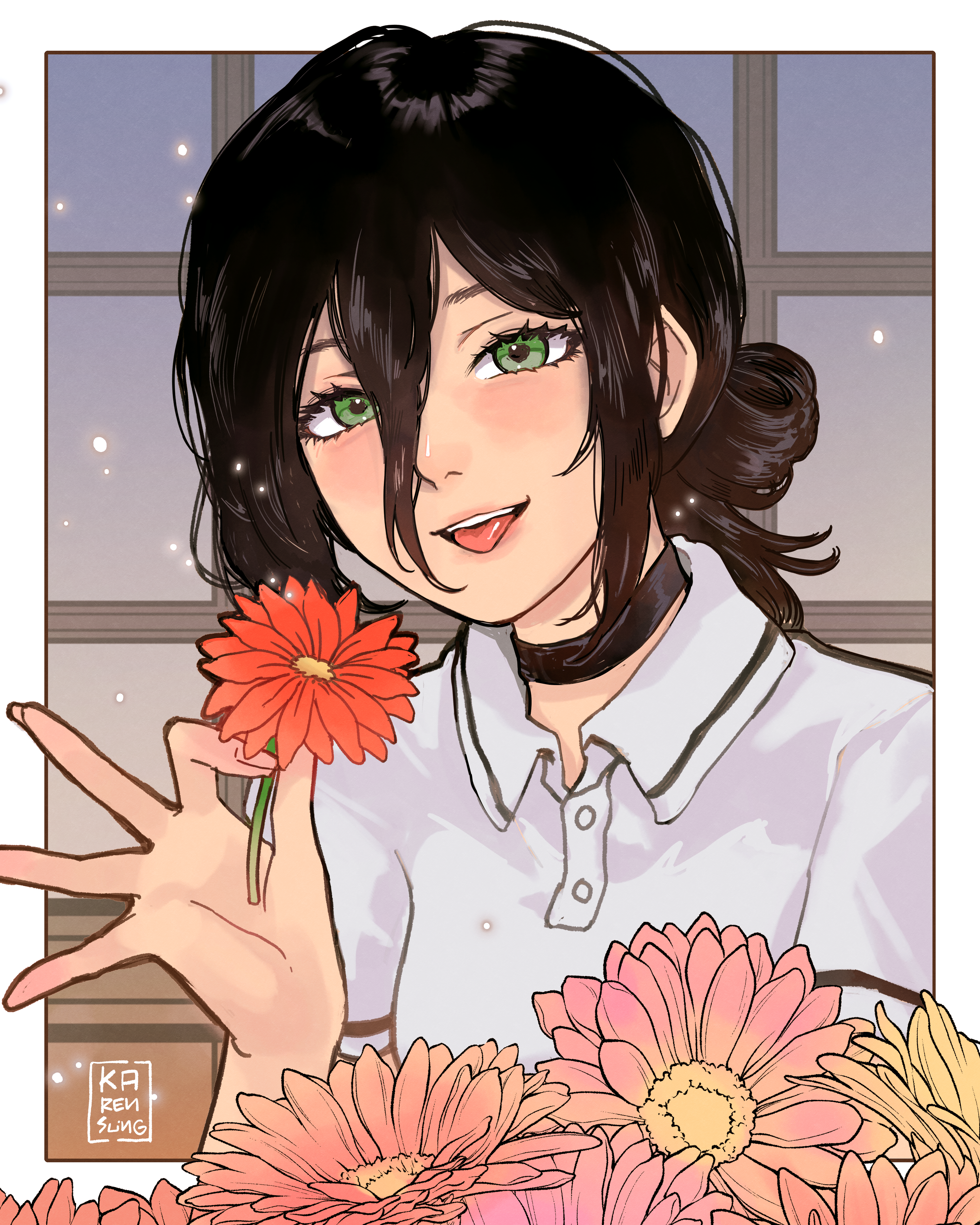 karensung, reze (chainsaw man), chainsaw man, absurdres, commentary, english commentary, highres, 1girl, black choker, black hair, blush, border, choker, collared shirt, daisy (flower), fingernails, flower, gerbera, green eyes, hair between eyes, holding, holding flower, long hair between eyes, looking at viewer, red flower, shirt, short sleeves, signature, smile, solo, tongue, tongue out, upper body, white border, white shirt