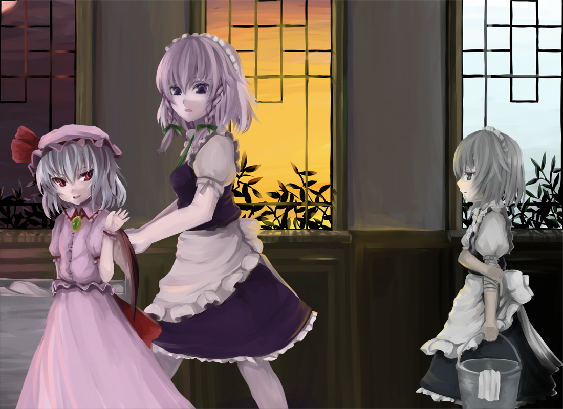 interstellar, izayoi sakuya, remilia scarlet, touhou, silver hair, 3girls, aged down, bat wings, blue eyes, blue hair, dual persona, female focus, hairband, hat, maid, multiple girls, red eyes, ribbon, short hair, time paradox, wings