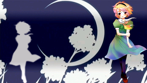 suzuki jirou, houjou satoko, higurashi no naku koro ni, lowres, non-web source, 00s, blonde hair, dress, hairband, moon, pantyhose, psp wallpaper, red eyes, sailor dress, solo