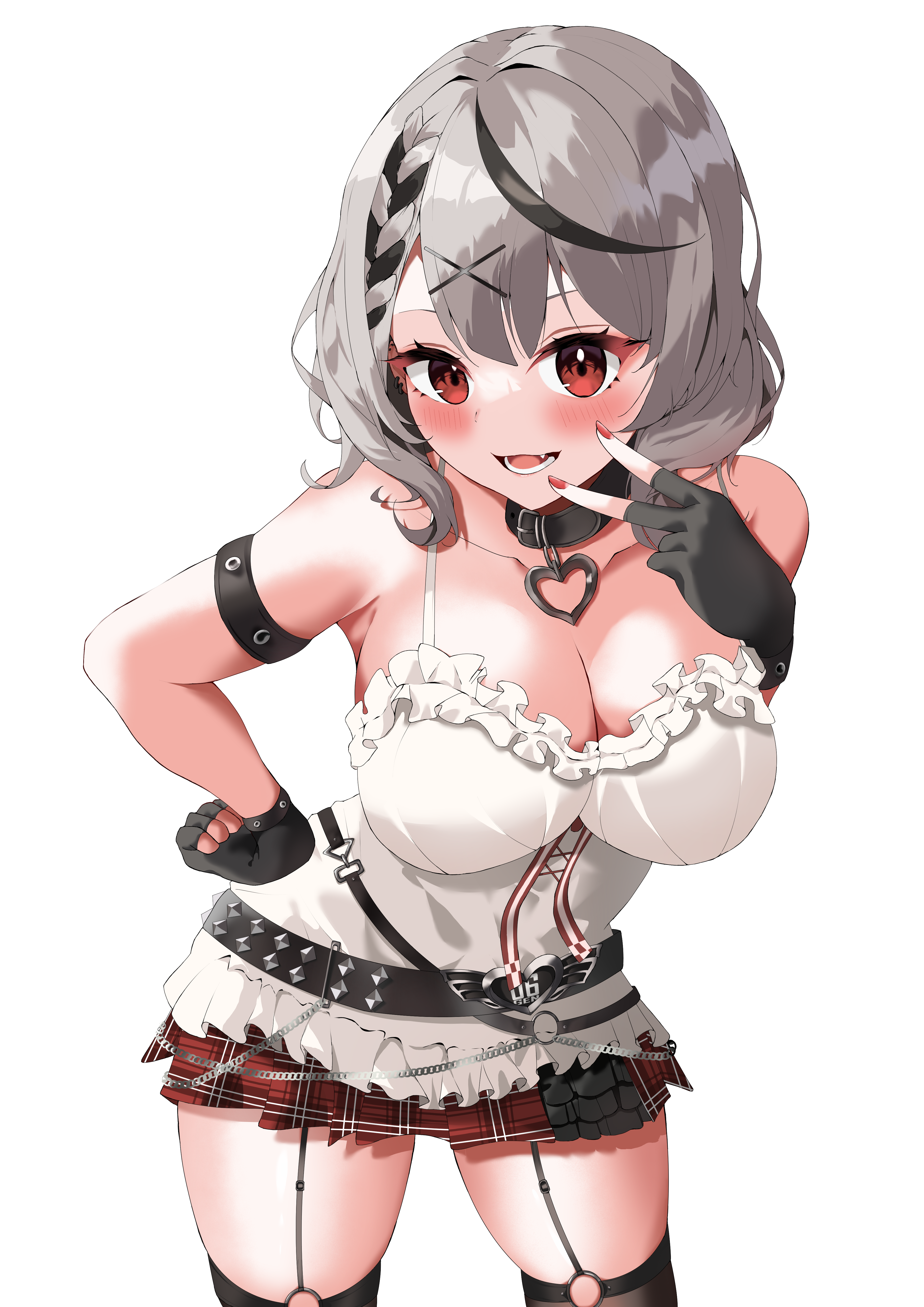 mon monn, sakamata chloe, sakamata chloe (1st costume), hololive, holox, absurdres, highres, 1girl, armpits, black gloves, black hair, blush, breasts, cowboy shot, fingerless gloves, gloves, grey hair, large breasts, looking at viewer, multicolored hair, open mouth, red eyes, short hair, simple background, smile, solo, streaked hair, teeth, thighhighs, v, virtual youtuber, white background, zettai ryouiki